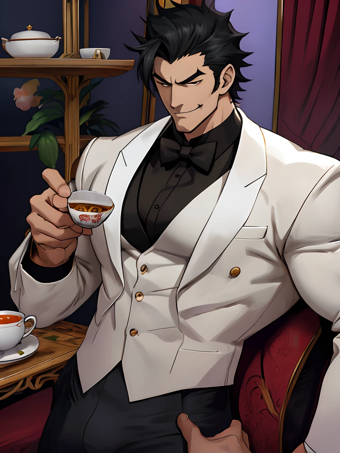 (anime style art,)extremely masculine muscular character,muscular,bodybuilder, huge bulge, sexy, smirk, erotic, 8 pack abs, tuxedo, t, tea service, magic