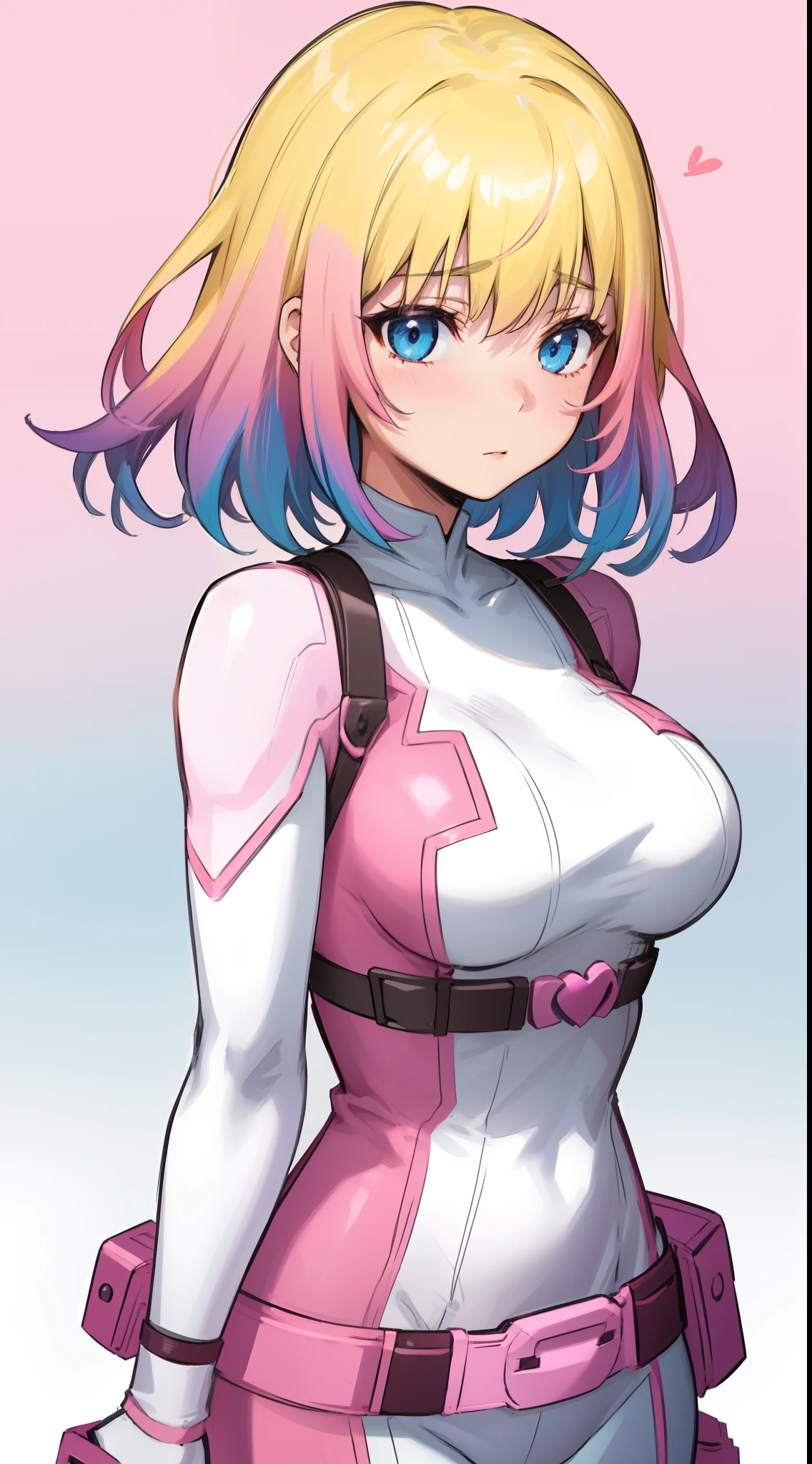 gwenpool, 1girl, blonde hair, multicolored hair, solo, blue eyes, short hair, gradient hair, belt, two-tone hair, pink hair, breasts.