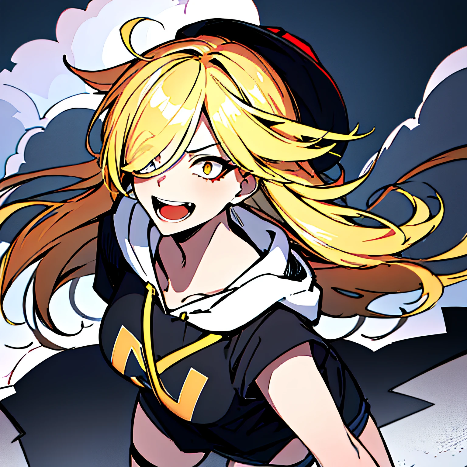 (absurdres, 8k, 4k, masterpiece, hyper extreme detailed:1.2), solo, 1girl, front view, portrait, best quality, expressive eyes, perfect face, 1girl, portrait, solo, standing, Female, toned body, mature female, small breasts, pale, hair covering one eye, long hair, sarcastic, adult, gold eyes, psychotic, laughing, blood, bloody, falling, clouds, crazy eyes, messy hair, swept bangs, perfect anatomy, front view, apocalypse background, hoodie, baseball cap, shorts, blonde hair, insane, crazy, chaotic, enlightened, awakened, gold, wide eyes, losing your mind, all thrill, dare devil, beams of light,