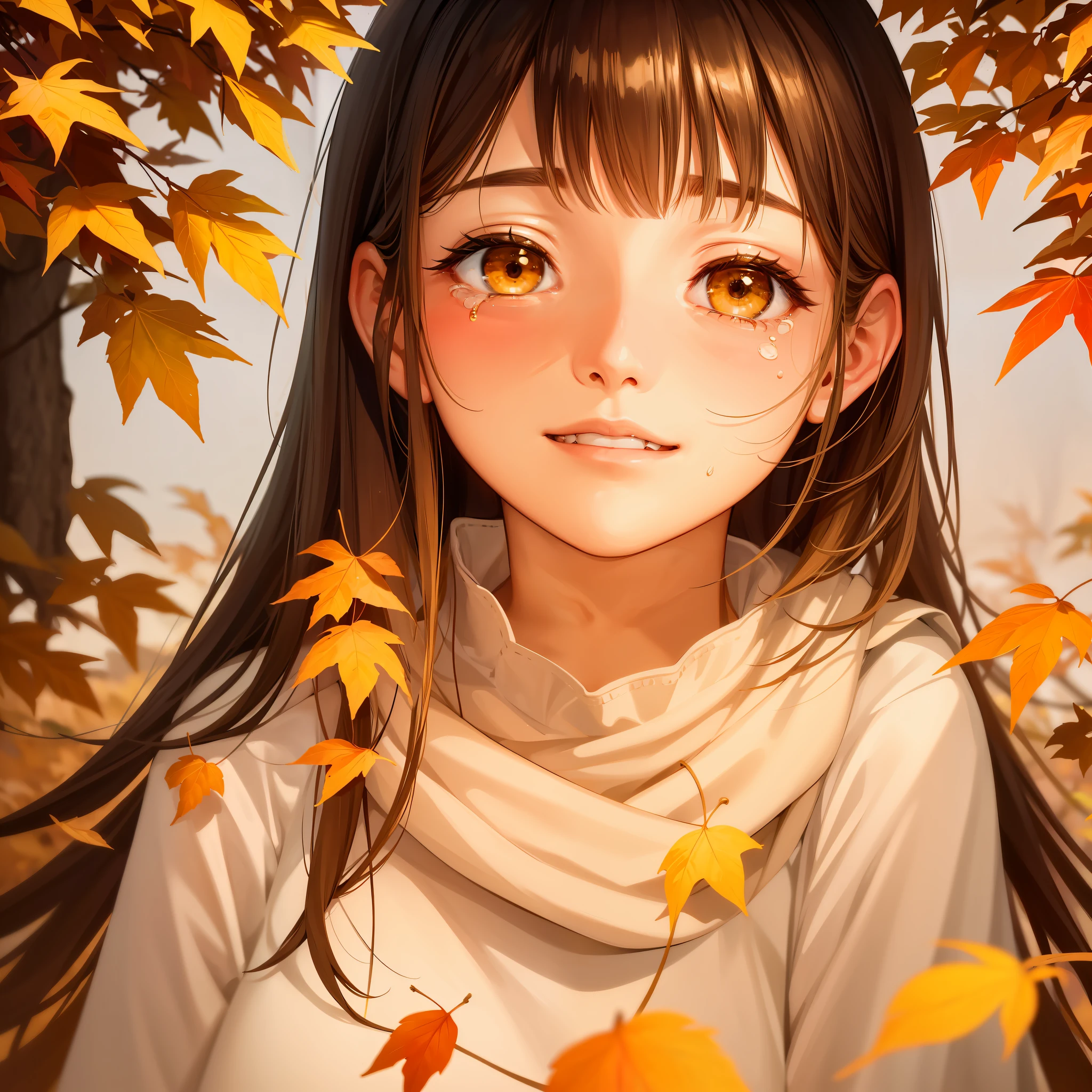 Top quality, masterpiece, Masterpiece, 1 woman, 22 years old, (sad smile crying: 1.5), Fox personification, Open mouth, blush, yellow skin, gold-eyed, brown hair, white inner color, white dress, Lots of autumn leaves, Autumn twilight, Orange view, Ghibli, Valley,