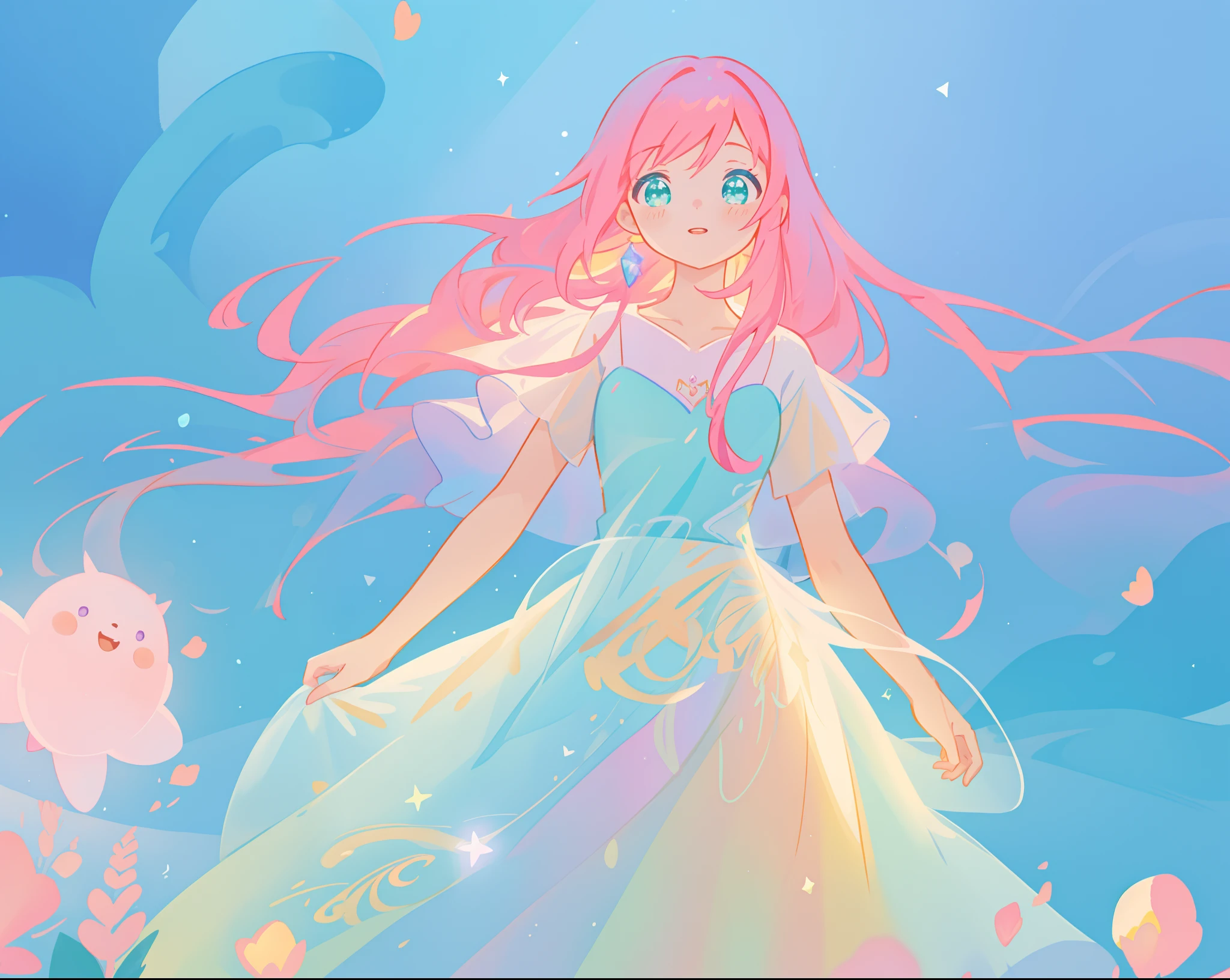 beautiful girl in sparkling white puffy dress, vibrant pastel colors, (colorful), magical lights, long flowing colorful pink hair, otherworldly aqua and blue landscape background, inspired by Glen Keane, inspired by Lois van Baarle, disney art style, by Lois van Baarle, glowing aura around her, by Glen Keane, jen bartel, glowing lights! digital painting, flowing glowing hair, glowing flowing hair, beautiful digital illustration, fantasia background, whimsical, magical, fantasy, beautiful face, ((masterpiece, best quality)), intricate details, highly detailed, sharp focus, 8k resolution, sparkling detailed eyes, liquid watercolor