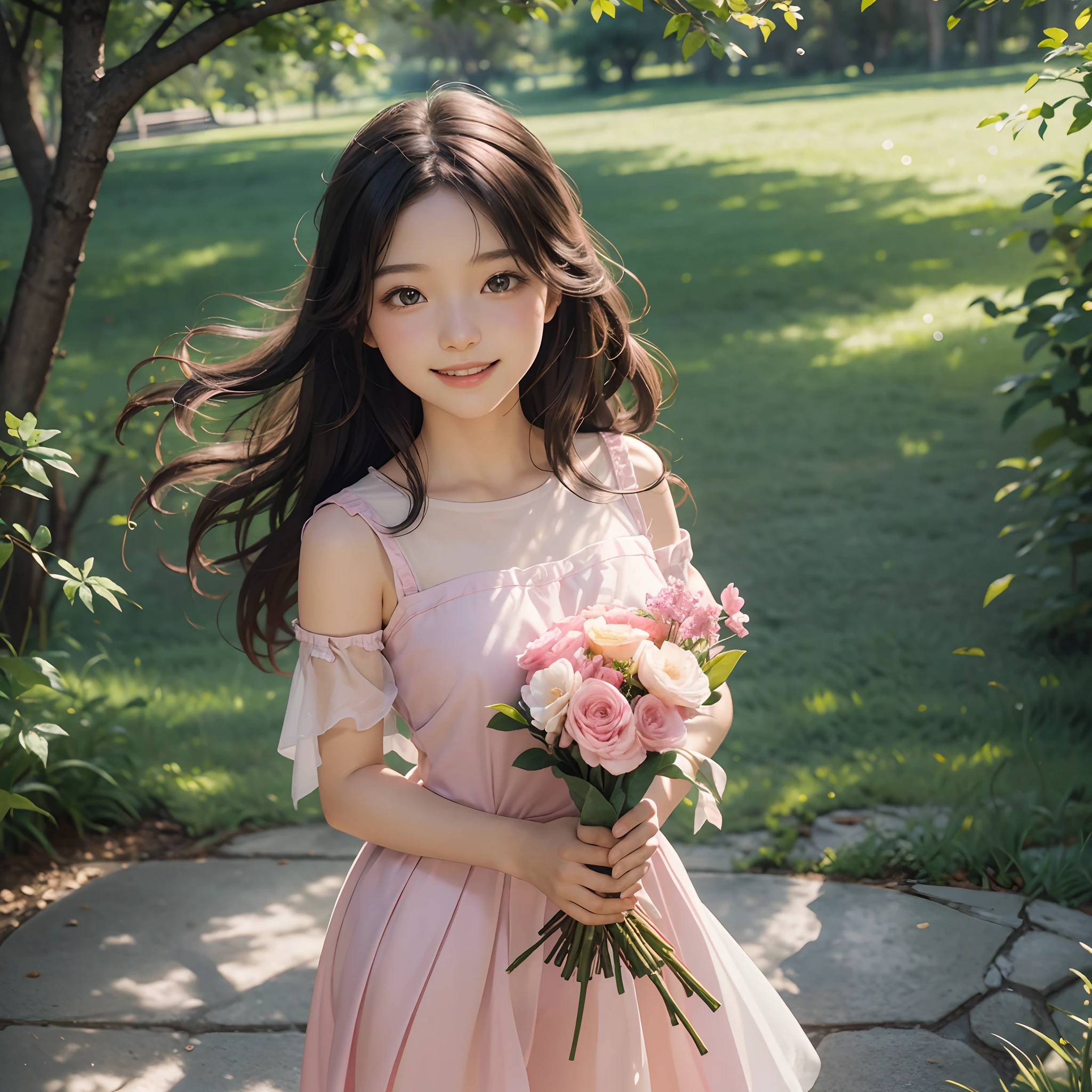 beautiful schoolgirl,wearing a pink dress,holding a bouquet of flowers,standing in a blooming garden,with butterflies flying around her,soft sunlight shining on her face,long wavy hair flowing in the wind,smiling brightly and looking towards the distance,sparkling eyes reflecting happiness and innocence,rosy cheeks adding a touch of youthfulness,meticulous details on her face and clothing, vivid colors enhancing the visual impact,shadows from the tree branches creating a dappled effect on the ground,creating a dreamy and enchanting atmosphere,medium:watercolor painting,ultra-fine brushstrokes capturing delicate features,highres:1.2,realistic lighting and textures,brilliant colors with a warm color tone.