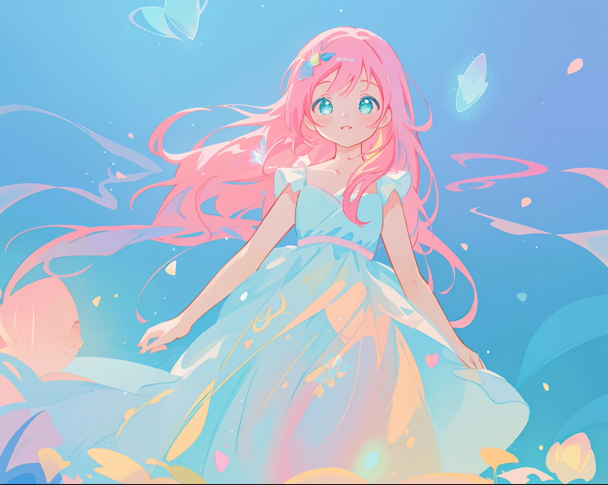 beautiful girl in sparkling white puffy dress, vibrant pastel colors, (colorful), magical lights, long flowing colorful pink hair, otherworldly aqua and blue landscape background, inspired by Glen Keane, inspired by Lois van Baarle, disney art style, by Lois van Baarle, glowing aura around her, by Glen Keane, jen bartel, glowing lights! digital painting, flowing glowing hair, glowing flowing hair, beautiful digital illustration, fantasia background, whimsical, magical, fantasy, beautiful face, ((masterpiece, best quality)), intricate details, highly detailed, sharp focus, 8k resolution, sparkling detailed eyes, liquid watercolor