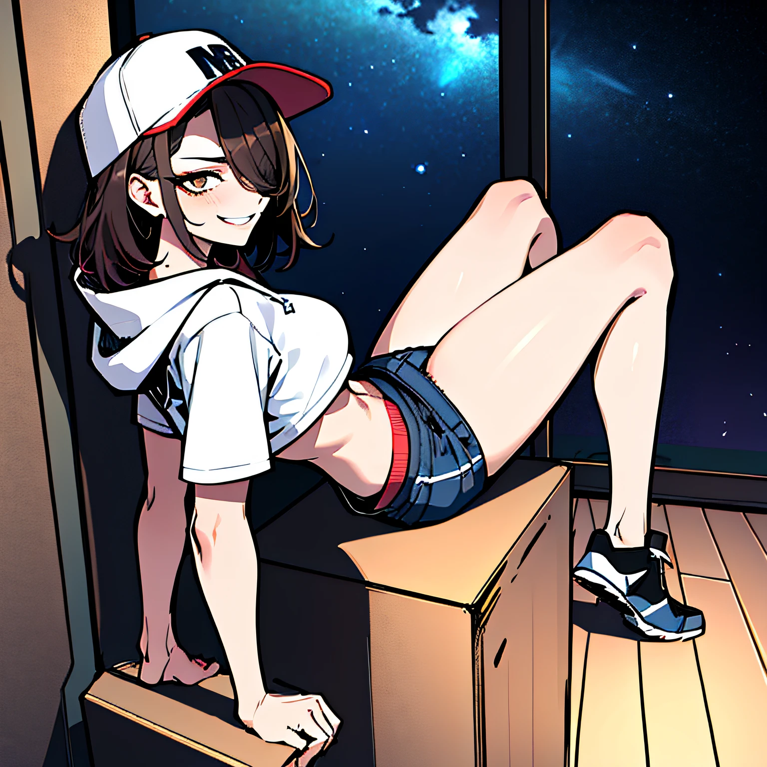 (absurdres, 8k, 4k, masterpiece, hyper extreme detailed:1.2), solo, 1girl, front view, portrait, best quality, expressive eyes, perfect face, 1girl, portrait, solo, standing, Female, toned body, mature female, medium breasts, pale, hair covering one eye, dark brown hair, medium hair, sarcastic, snarky, soldier, adult, hazel eyes, delinquent, sarcastic, smirk, crazy eyes, messy hair, swept bangs, perfect anatomy, front view, leaning back, leaning back, night time, night sky window, hoodie, wearing a hood, baseball cap, shorts, full body, butt, backside, back view,