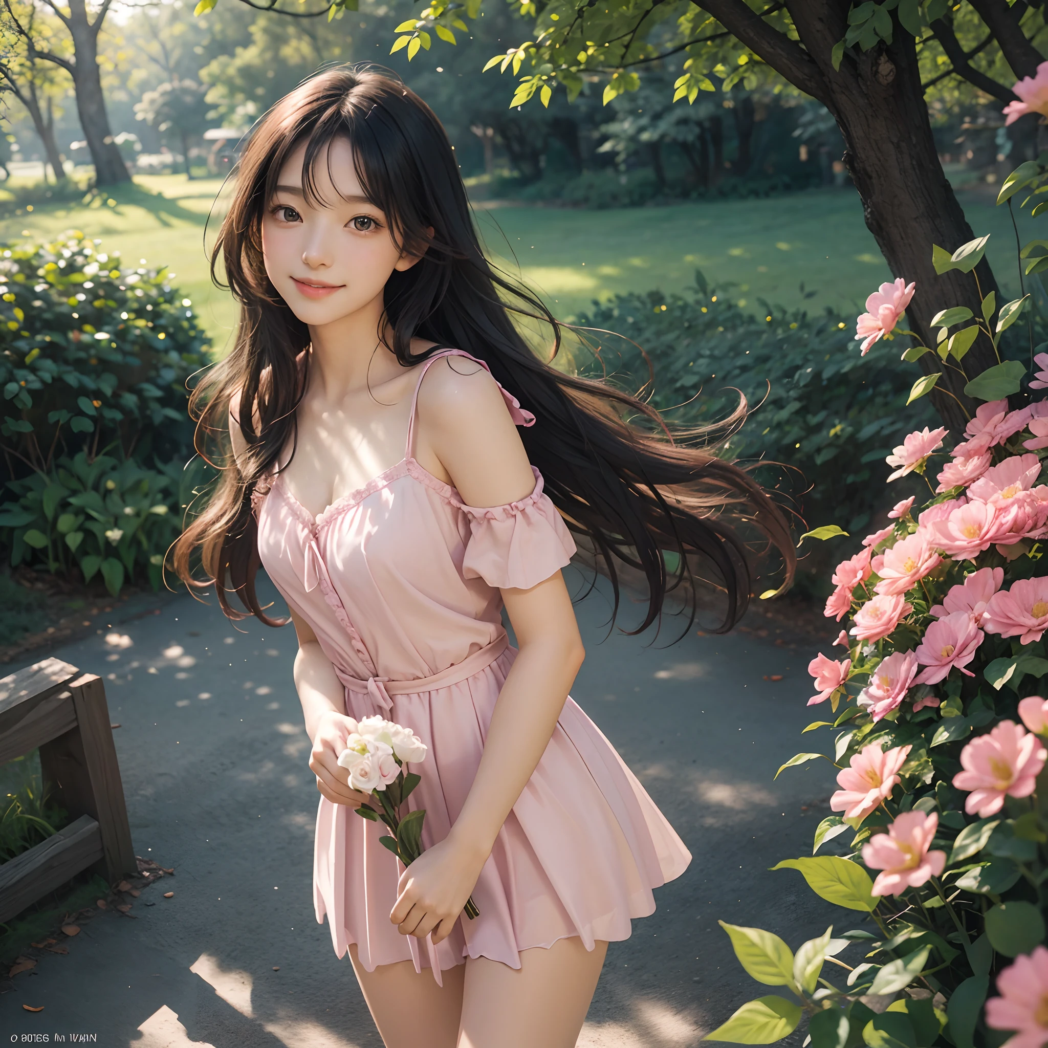 beautiful schoolgirl,wearing a pink dress,holding a bouquet of flowers,standing in a blooming garden,with butterflies flying around her,soft sunlight shining on her face,long wavy hair flowing in the wind,smiling brightly and looking towards the distance,sparkling eyes reflecting happiness and innocence,rosy cheeks adding a touch of youthfulness,meticulous details on her face and clothing, vivid colors enhancing the visual impact,shadows from the tree branches creating a dappled effect on the ground,creating a dreamy and enchanting atmosphere,medium:watercolor painting,ultra-fine brushstrokes capturing delicate features,highres:1.2,realistic lighting and textures,brilliant colors with a warm color tone.