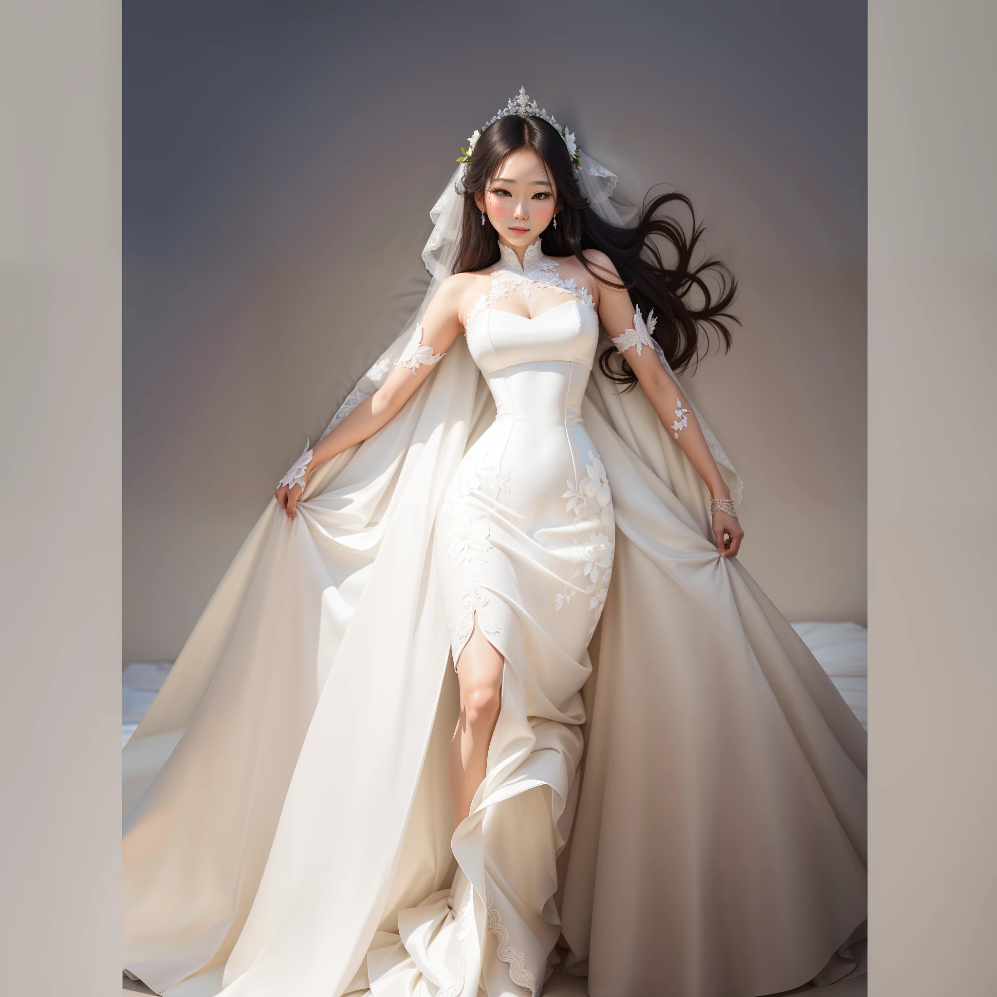 um desenho animado de uma mulher em um vestido de noiva branco, asian female, vestido grande elegante e branco, vestido longo, Full portrait of an asian bride, Ethereal corset dress, Potencializando a Aura, Epic Wedding Dress, Vestido de noiva branco longo, vestido branco, hands open