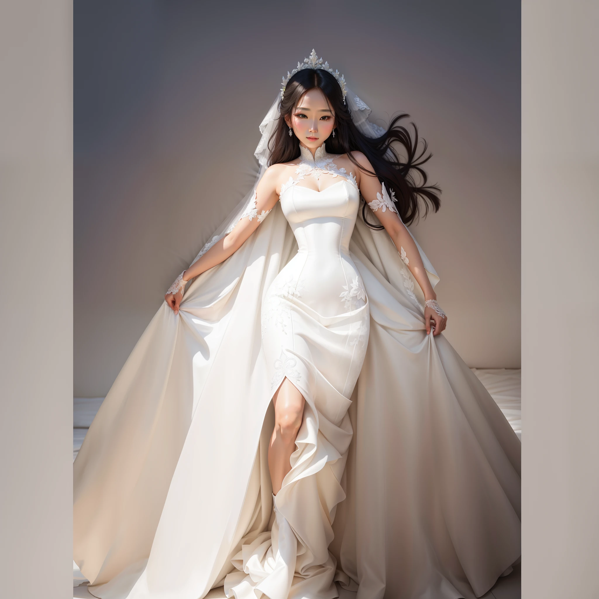 um desenho animado de uma mulher em um vestido de noiva branco, asian female, vestido grande elegante e branco, vestido longo, Full portrait of an asian bride, Ethereal corset dress, Potencializando a Aura, Epic Wedding Dress, Vestido de noiva branco longo, vestido branco, hands open