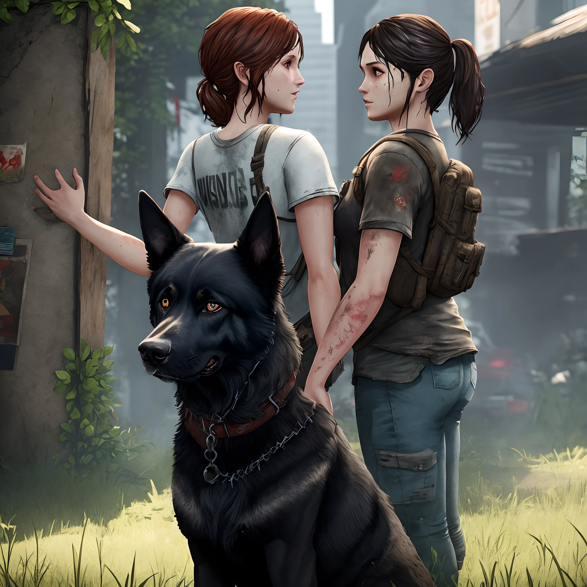 a black German Shepherd in the last of us part 2 next to 18 year old Seattle Ellie Williams