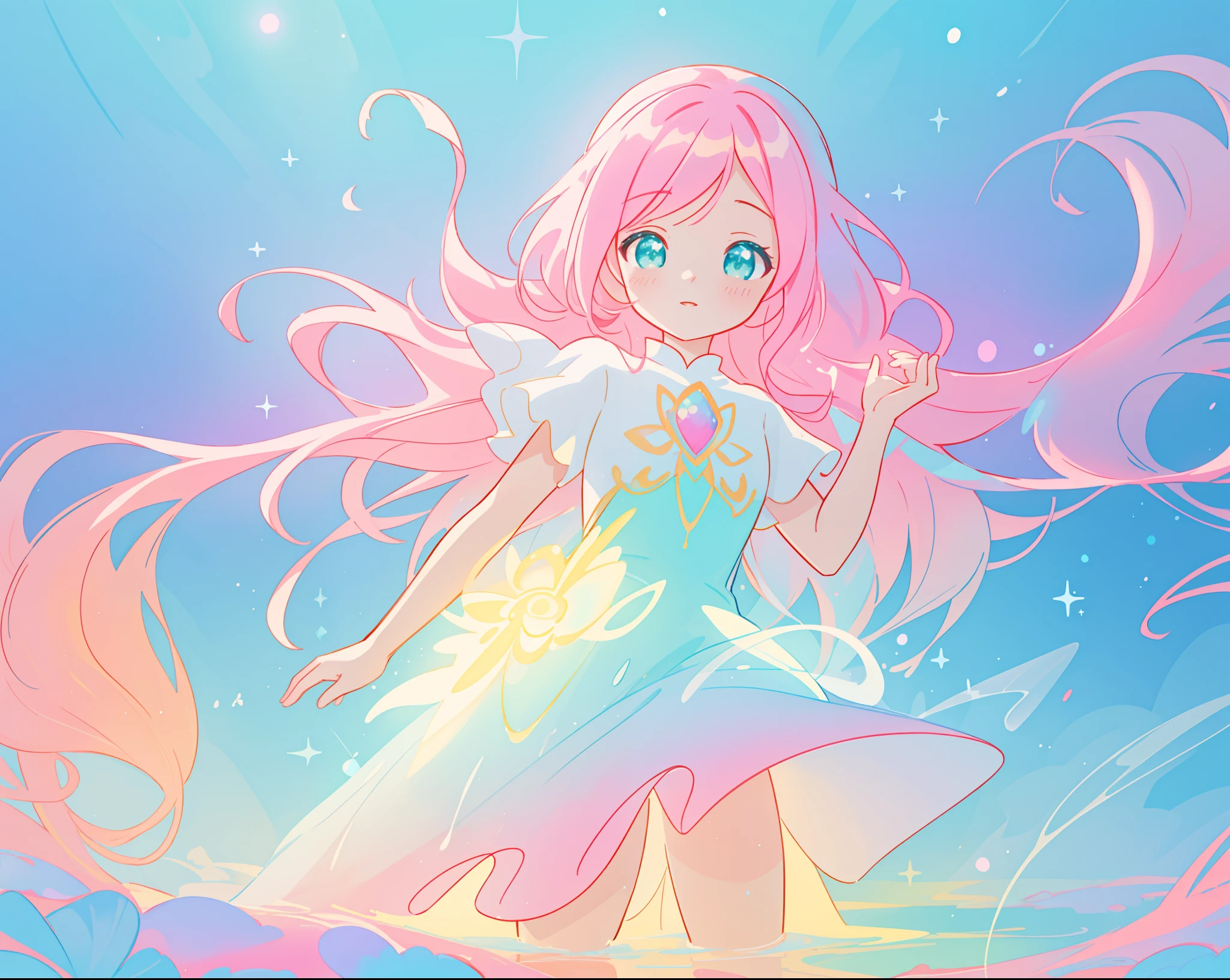 beautiful girl in sparkling white puffy dress, vibrant pastel colors, (colorful), magical lights, long flowing colorful pink hair, otherworldly aqua and blue landscape background, inspired by Glen Keane, inspired by Lois van Baarle, disney art style, by Lois van Baarle, glowing aura around her, by Glen Keane, jen bartel, glowing lights! digital painting, flowing glowing hair, glowing flowing hair, beautiful digital illustration, fantasia background, whimsical, magical, fantasy, beautiful face, ((masterpiece, best quality)), intricate details, highly detailed, sharp focus, 8k resolution, sparkling detailed eyes, liquid watercolor