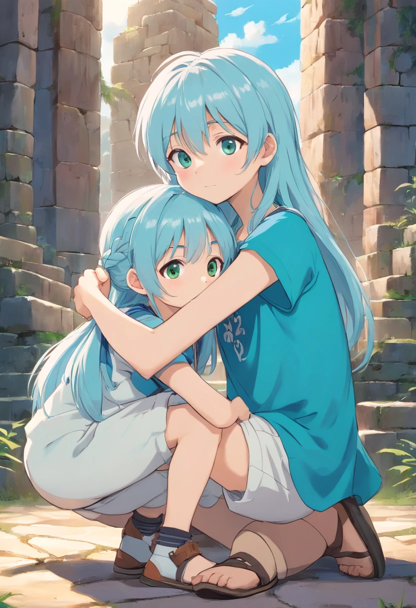 1 girl and 1 boy hugged. A beautiful girl , about 10 years old. The girl has (long light blue hair, straight messy hair, bangs and big blue eyes). The girl wears (a turquoise tunic and purple tide pants). A boy, about 12 years old. The boy has (short blond hair, messy hair, bangs and big green eyes). The boy wears (a blue t-shirt and white tide pants). the girl is hug the boy. The boy is seated on floor and he is crying. Greek ruins background.