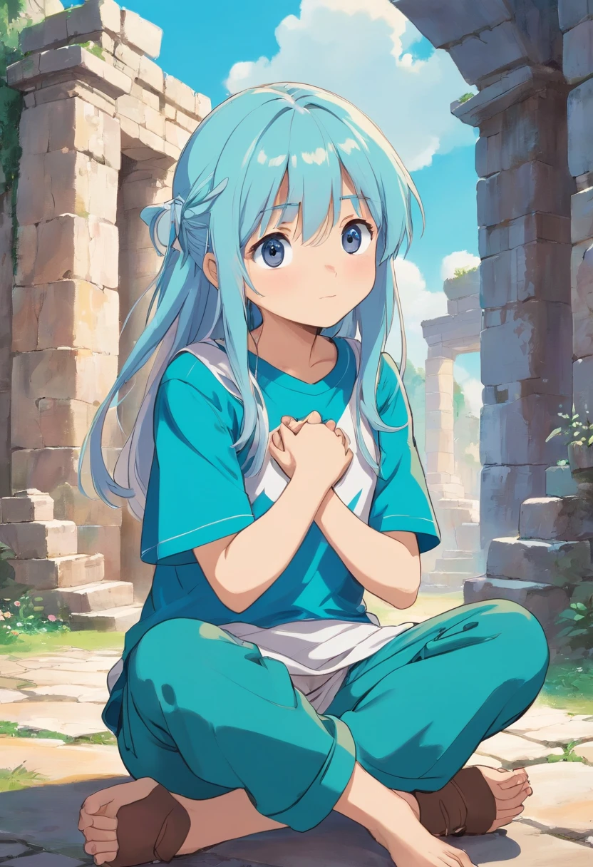 1 girl and 1 boy hugged. A beautiful girl , about . The girl has (long light blue hair, straight messy hair, bangs and big blue eyes). The girl wears (a turquoise tunic and purple tide pants). A boy, about 12 years olds (short blond hair, messy hair, bangs and big green eyes). The boy wears (a blue t-shirt and white tide pants). the girl is hug the boy. The boy is seated on floor and he is crying. Greek ruins background.