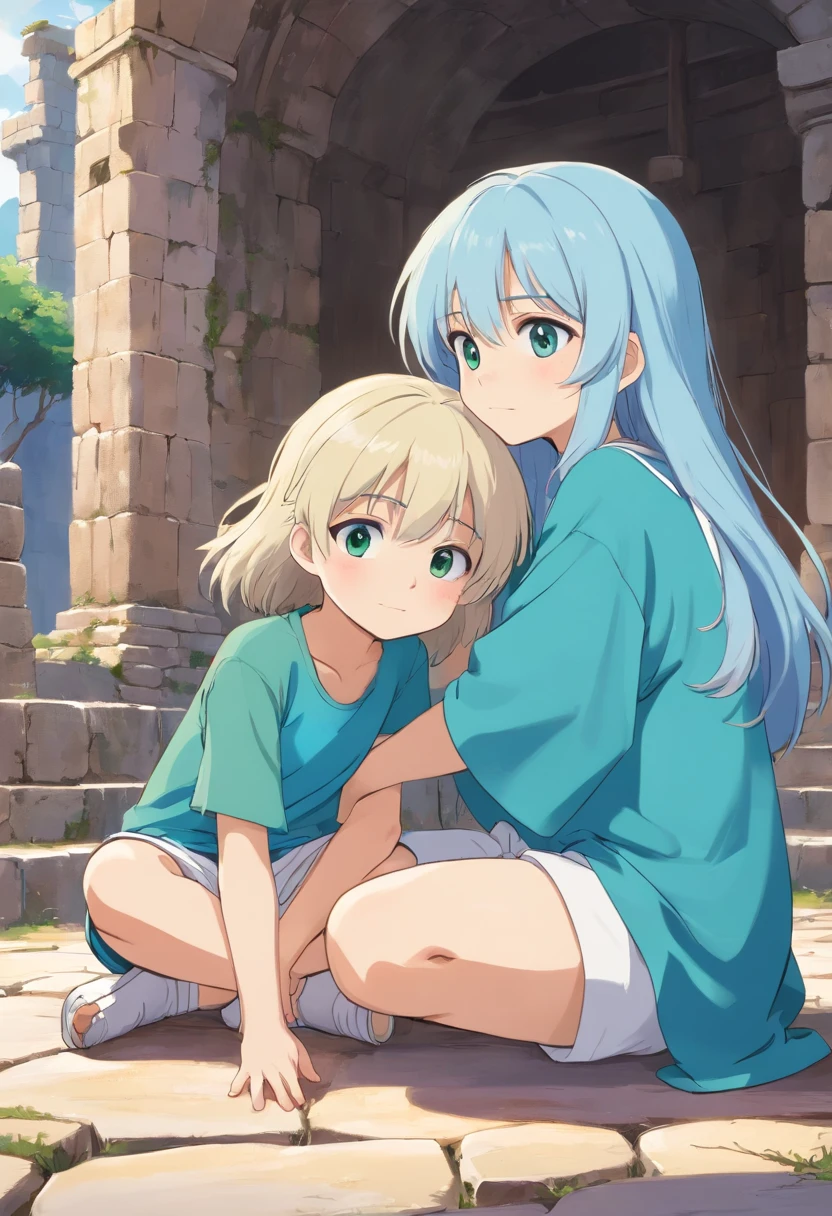 1 girl and 1 boy hugged. A beautiful girl , about 10 years old. The girl has (long light blue hair, straight messy hair, bangs and big blue eyes). The girl wears (a turquoise tunic and purple tide pants). A boy, about 12 years old. The boy has (short blond hair, messy hair, bangs and big green eyes). The boy wears (a blue t-shirt and white tide pants). the girl is hug the boy. The boy is seated on floor and he is crying. Greek ruins background.