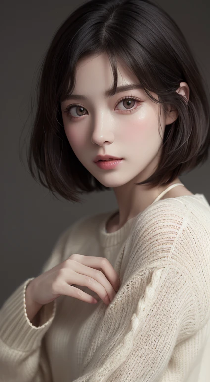 (masuter piece:1.3)、(8K、Photorealsitic、Raw photography、top-quality: 1.4)、(David Hamilton Style)、(softfocus)、(Watercolor in Sargent style)、(1girl in)、美丽的面容、(Lifelike face)、(A dark-haired、short-hair:1.3)、Beautiful hairstyle、realisticeyes、Beautiful details、(real looking skin)、Beautiful skins、(Sweaters)、absurderes、enticing、超A high resolution、A hyper-realistic、high-detail、the golden ratio、(Vintage, classical),