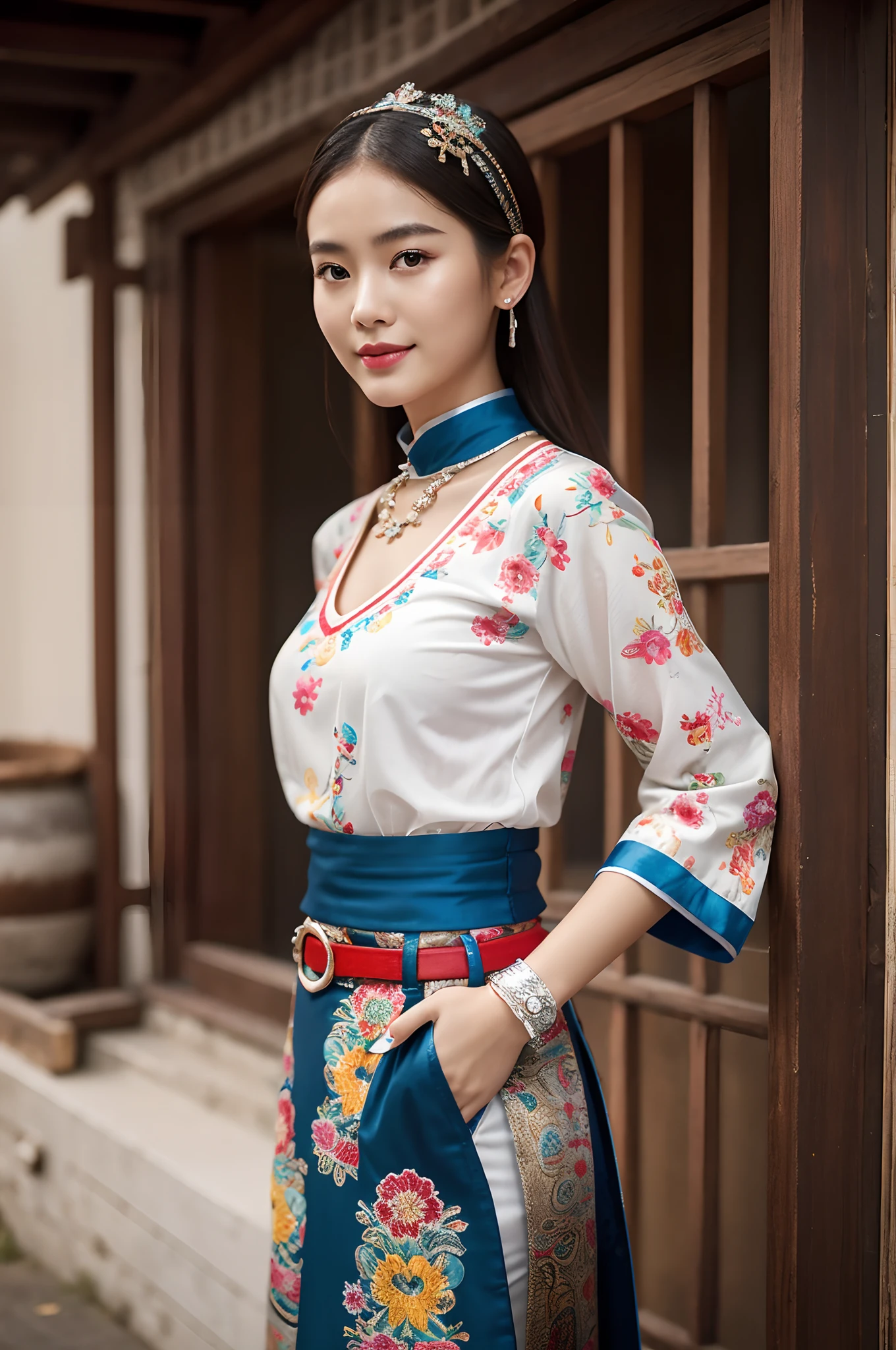 (8K分辨率,Vista full body photo),(1womanl,20yr old,(Facial features of Thai Aum:1.8,s delicate face),详细的脸,Redlip,Fair smooth skin,(Classic Hmong costume:1.4,(nedium breasts、The back is decorated with floral fabric,The cuffs are multi-colored horizontal strips,Cardigans,Short waist long version),Headband silver crown(Silver Crown(styling:It is quadrangular and protruding,entangle,Such as spiral or eccentric,Various patterns are printed on the flat surface),Silver items(Silver collars range from small to large,There are up to seven circles),Silver necklace,Bun hairpins),(pleatedskirt,There is a belt(Hmong embroidery、batik)),耳Nipple Ring,bangle,Tall and tall,The action of the conversation,perfect hand,Ultra-fine clothing material),(Traditional Xijiang Miao village,Festive party night background in cottage,Exquisite environmental details),(exhilarated,confident smile,Rejoice),(profesional lighting,动态照明),((The colors are more balanced,(black in color,blue colors,red colour))),(Golden section,Cinema lenses,Hasselblad photograp,tmasterpiece:1.3),(Miaozhai idol,Focus on the field,trendsetting,Folklore artist,Art platform)
