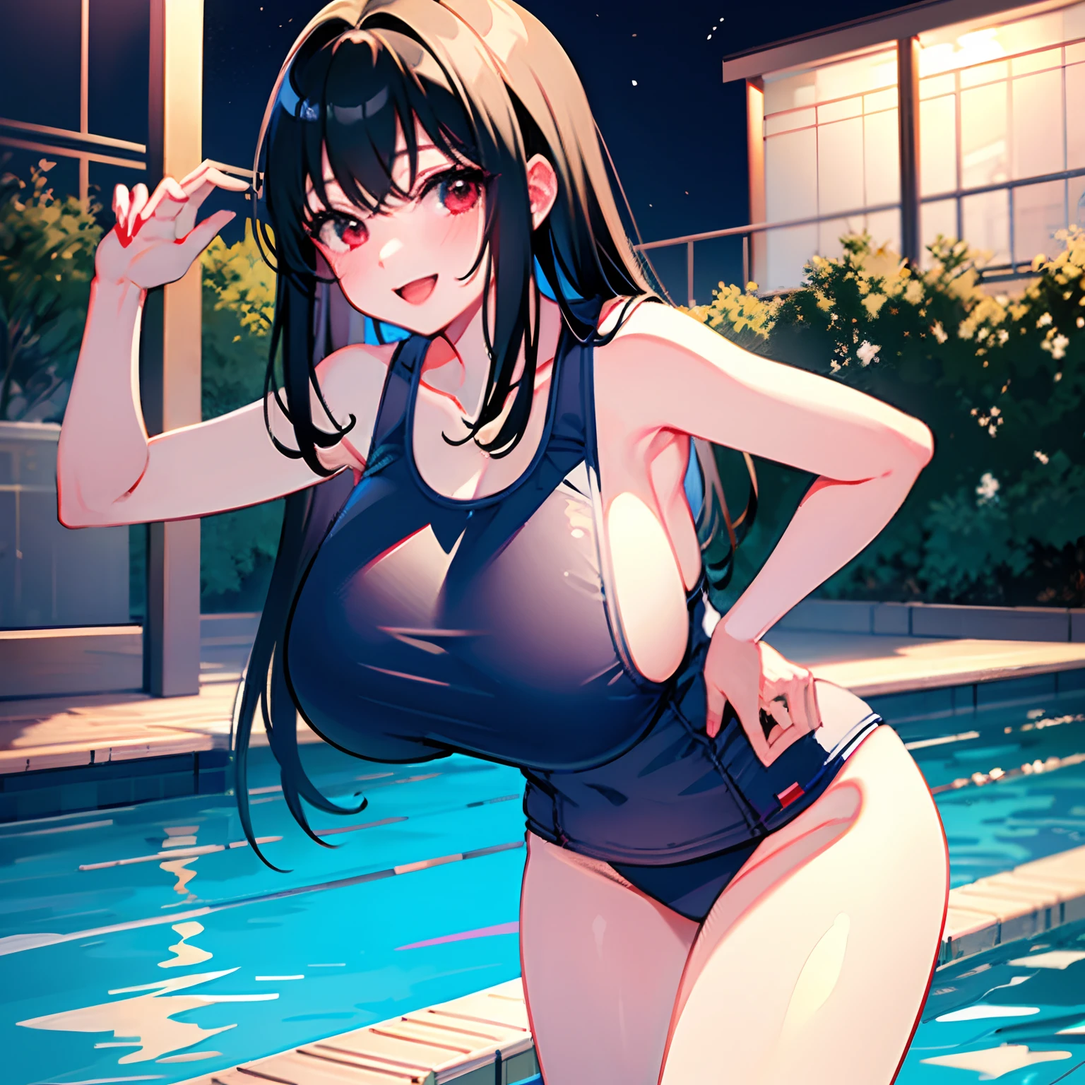 ((masterpiece)),(gigantic breasts focus),(leaning forward:1.2),(school swimsuit),(gigantic breasts,sideboob),glistening skin,wet,moist
BREAK
Japanese school girl(black hair),red eyes,18 years old,long hair,smile,night school pool.