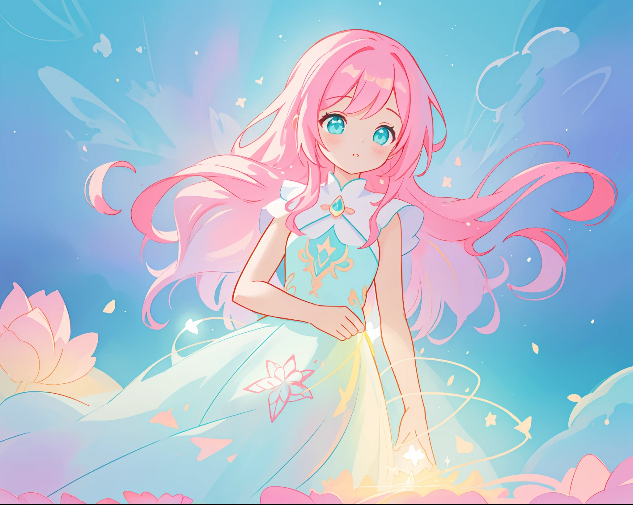 beautiful girl in sparkling white puffy dress, vibrant pastel colors, (colorful), magical lights, long flowing colorful pink hair, otherworldly aqua and blue landscape background, inspired by Glen Keane, inspired by Lois van Baarle, disney art style, by Lois van Baarle, glowing aura around her, by Glen Keane, jen bartel, glowing lights! digital painting, flowing glowing hair, glowing flowing hair, beautiful digital illustration, fantasia background, whimsical, magical, fantasy, beautiful face, ((masterpiece, best quality)), intricate details, highly detailed, sharp focus, 8k resolution, sparkling detailed eyes, liquid watercolor