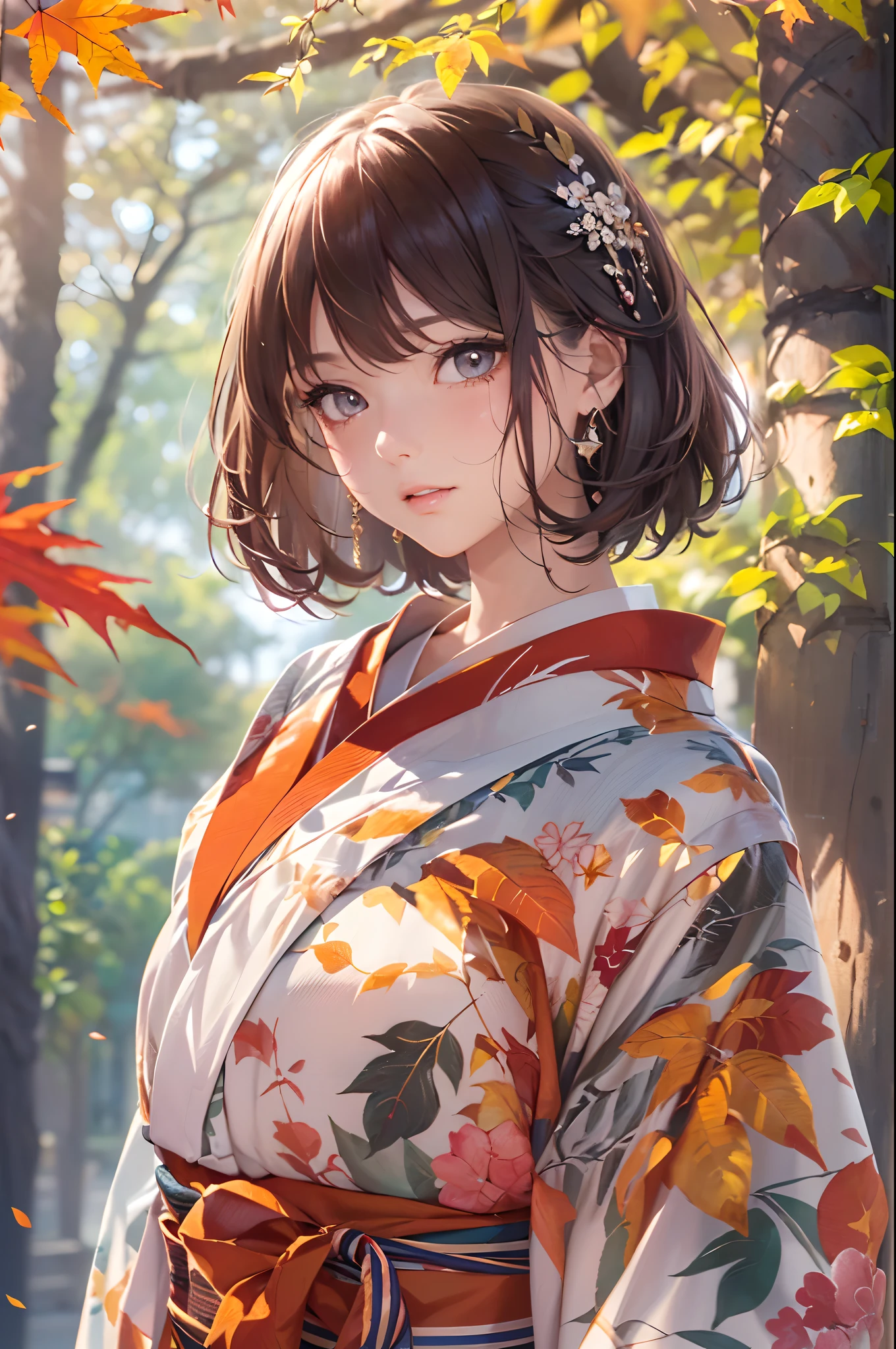 (Official art、absurderes、Best Quality、Unity 8k Wallpapers、32K、masterpiece、ultra-detailliert、超A high resolution、Oil painting style:1.2)、A slender、Medium bust、(Full body:1.2)、(sideshot、Looking away:1.2)、Highly detailed background、Realistic eyes、Sharp pupils、Beautiful girl in kimono、(very detailed face and eyes、beauitful face、super detailed skin、detailed skin textures:1.3)、Lots of autumn leaves、Sunlight、Autumn landscape、(thighs thighs thighs thighs:0.4)