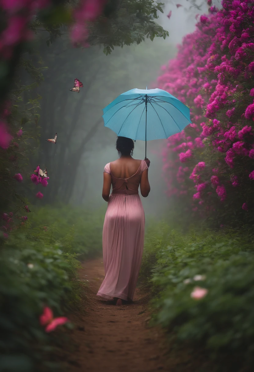 back side photo without face. very Long focus. Far away kerala big boobed , big butt curvy kerala woman in traditional nude standing in heavy rain and fog in flower forest with umbrella in hand , butterflies are flying around her-big ass. Long view sexy view. giving back pose without face. semi . 8K quality - realistic - add butterflies and flowers