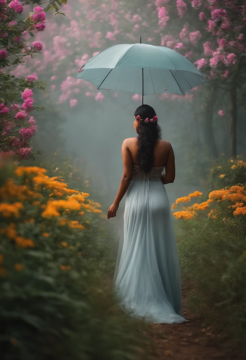 back side photo without face. very Long focus. Far away kerala big boobed , big butt curvy kerala woman in traditional nude standing in heavy rain and fog in flower forest with umbrella in hand , butterflies are flying around her-big ass. Long view sexy view. giving back pose without face. semi . 8K quality - realistic - add butterflies and flowers
