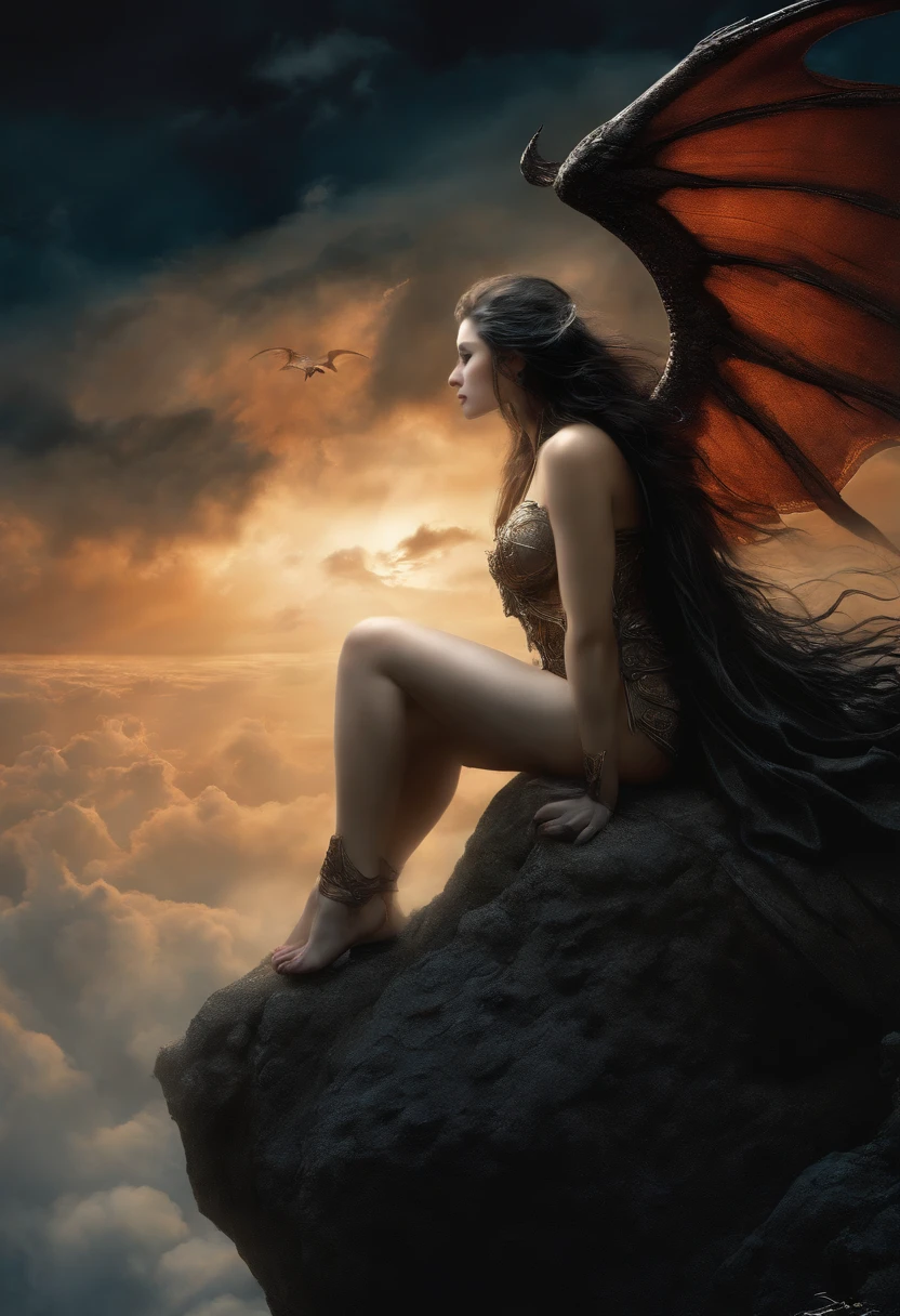 ((best quality)), ((masterpiece)), (detailed), alluring succubus, ethereal beauty, perched on a cloud, (fantasy illustration:1.3), enchanting gaze, captivating pose, delicate wings, otherworldly charm, mystical sky, (Luis Royo:1.2), (Yoshitaka Amano:1.1), moonlit night, soft colors, (detailed cloudscape:1.3), (high-resolution:1.2)