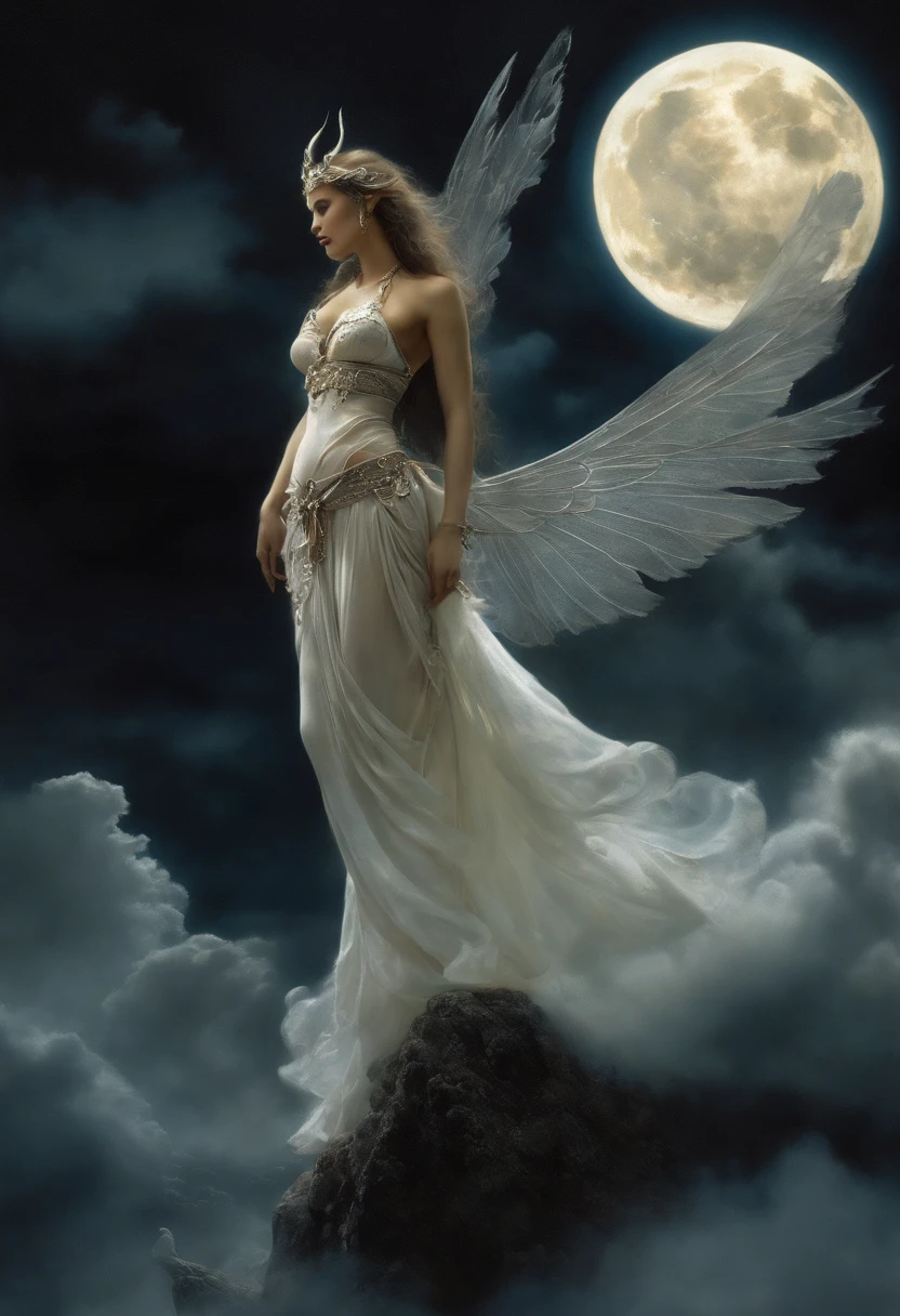 ((best quality)), ((masterpiece)), (detailed), alluring succubus, ethereal beauty, perched on a cloud, (fantasy illustration:1.3), enchanting gaze, captivating pose, delicate wings, otherworldly charm, mystical sky, (Luis Royo:1.2), (Yoshitaka Amano:1.1), moonlit night, soft colors, (detailed cloudscape:1.3), (high-resolution:1.2)