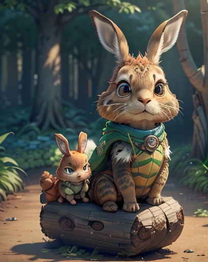 A hare and a tortoise sit together on a log, anime film still, 3D Animated Movies, animated film, Pixar Zootopia. 3d rendered, animated film, animated movie scene, Zootopia style, Animation stills, Zootopia 2, 'Zootopia', Photorealistic", photorealestic ", 4K high resolution, Zootopia, 4k!