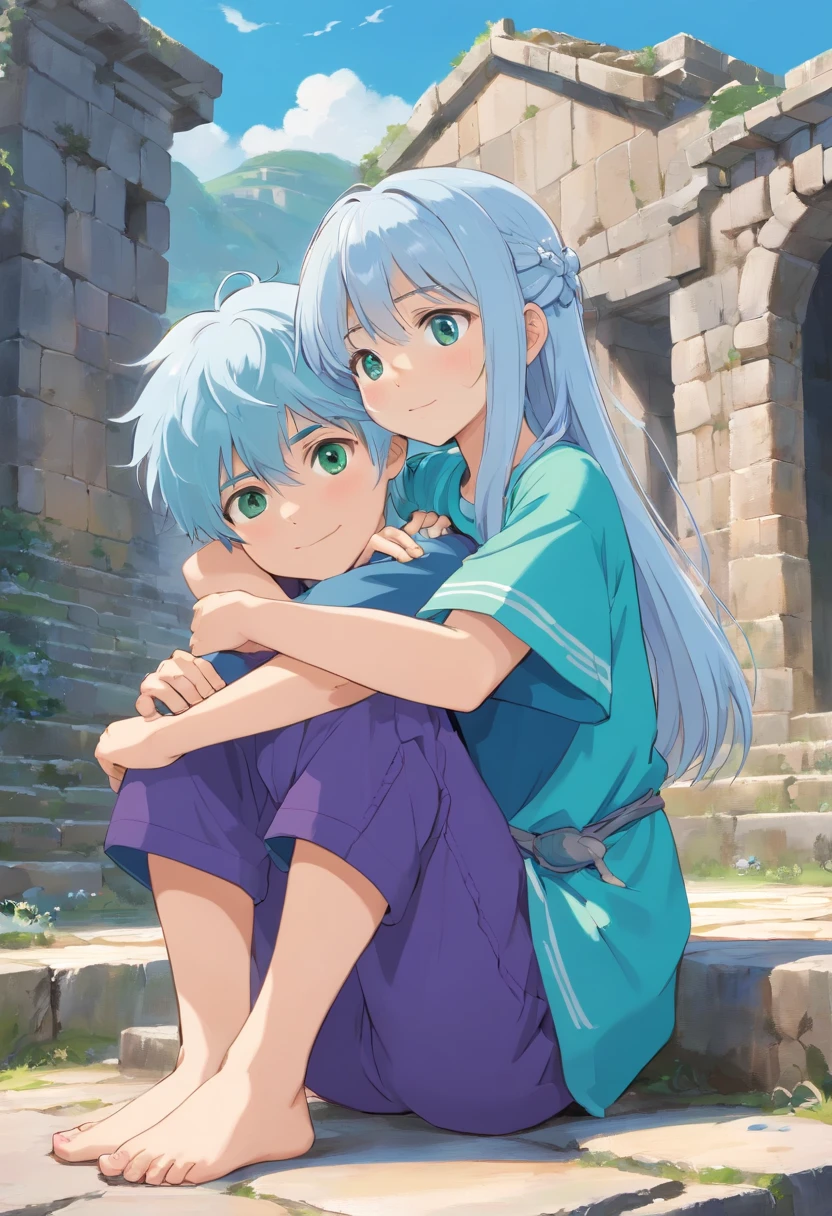 1 girl and 1 boy hugged. A beautiful girl , about 8 years old. The girl has (long light blue hair, straight messy hair, bangs and big blue eyes). The girl wears (a turquoise tunic and purple tide pants). A boy, about 10 years old. The boy has (short blonde hair, messy hair, bangs and big green eyes). The boy wears (a blue t-shirt and white tide pants). the girl is hug the boy. The boy is seated on floor and he is crying. Greek ruins background.