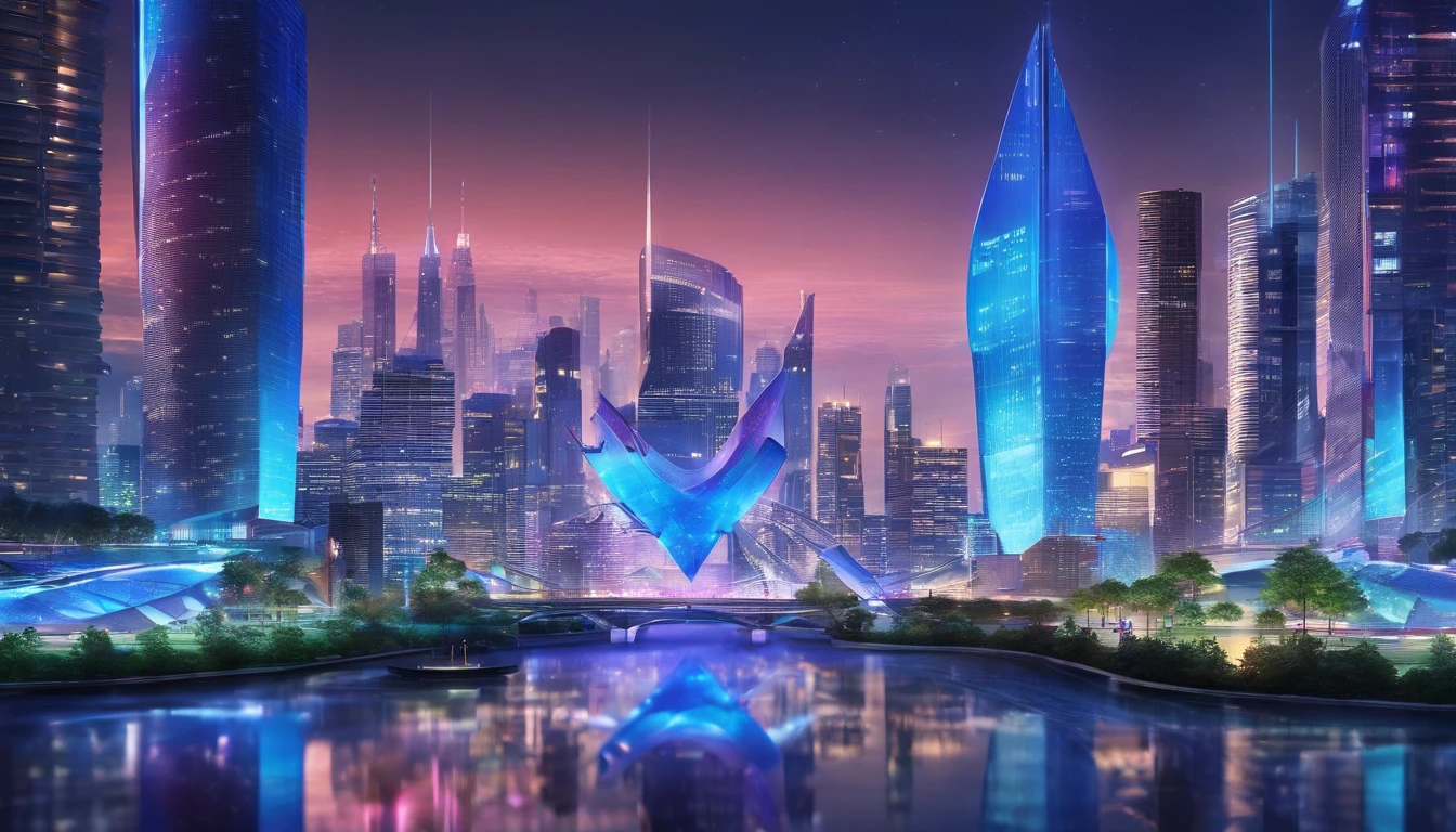 (best quality,4k,8k,highres,masterpiece:1.2),ultra-detailed,(realistic,photorealistic,photo-realistic:1.37),bright blue clean silver and blue city,shiny metallic surfaces,reflective glass windows,tall skyscrapers,modern architecture,glass facades,sparkling lights at night,vibrant atmosphere,streets filled with people,bustling traffic,neon signs illuminating the streets,cityscape with a river running through it,beautifully landscaped parks and gardens,modern infrastructure and transportation systems,sleek and futuristic design,high-tech gadgets and devices,cosmopolitan and multicultural atmosphere,colorful city lights at dusk,dynamic and energetic city life,urban skyline against a clear blue sky,impressive skyline,ivory towers,glowing city lights,gleaming metallic structures,electric atmosphere,fast-paced city rhythm,celestial color palette,overhead bridges connecting buildings,artificial intelligence integration,crystal-clear reflections on the water,majestic bridges spanning the river,blue color scheme with pops of silver,progressive and forward-thinking mindset,innovative city full of possibilities,serene river flowing through the heart of the city,people enjoying outdoor activities and socializing,diverse and vibrant city culture,perfect harmony of nature and urban development,impressive architectural landmarks.