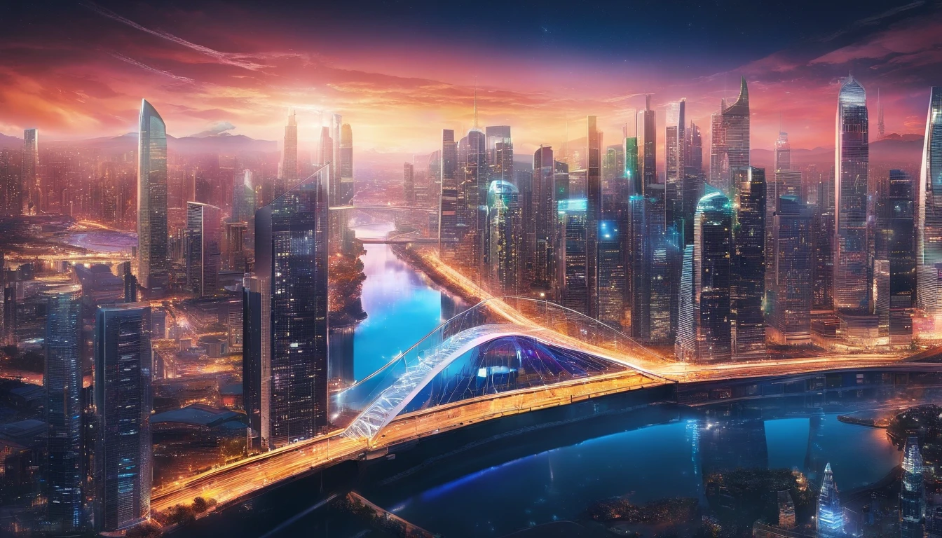 (best quality,4k,8k,highres,masterpiece:1.2),ultra-detailed,(realistic,photorealistic,photo-realistic:1.37),bright blue clean silver and blue city,shiny metallic surfaces,reflective glass windows,tall skyscrapers,modern architecture,glass facades,sparkling lights at night,vibrant atmosphere,streets filled with people,bustling traffic,neon signs illuminating the streets,cityscape with a river running through it,beautifully landscaped parks and gardens,modern infrastructure and transportation systems,sleek and futuristic design,high-tech gadgets and devices,cosmopolitan and multicultural atmosphere,colorful city lights at dusk,dynamic and energetic city life,urban skyline against a clear blue sky,impressive skyline,ivory towers,glowing city lights,gleaming metallic structures,electric atmosphere,fast-paced city rhythm,celestial color palette,overhead bridges connecting buildings,artificial intelligence integration,crystal-clear reflections on the water,majestic bridges spanning the river,blue color scheme with pops of silver,progressive and forward-thinking mindset,innovative city full of possibilities,serene river flowing through the heart of the city,people enjoying outdoor activities and socializing,diverse and vibrant city culture,perfect harmony of nature and urban development,impressive architectural landmarks.