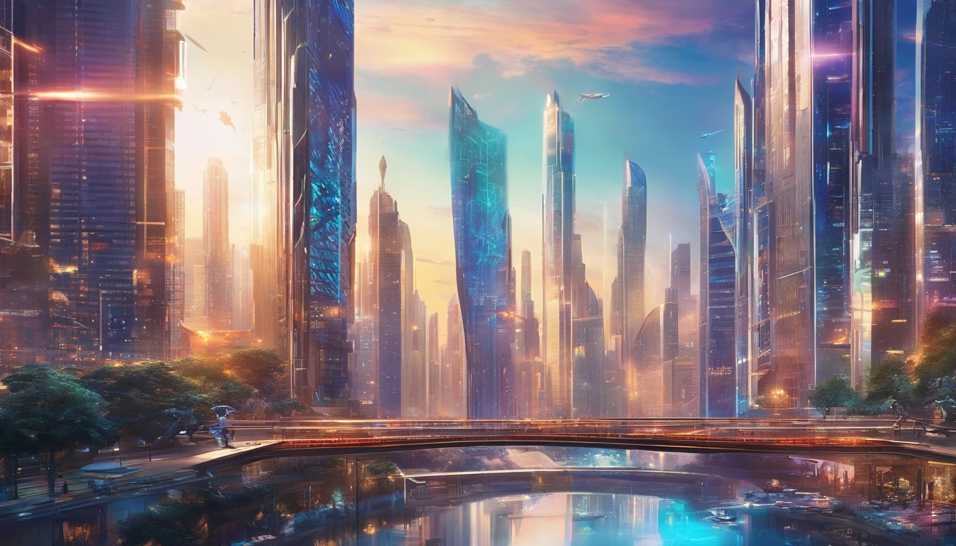 (best quality,4k,8k,highres,masterpiece:1.2),ultra-detailed,(realistic,photorealistic,photo-realistic:1.37),bright blue clean silver and blue city,shiny metallic surfaces,reflective glass windows,tall skyscrapers,modern architecture,glass facades,sparkling lights at night,vibrant atmosphere,streets filled with people,bustling traffic,neon signs illuminating the streets,cityscape with a river running through it,beautifully landscaped parks and gardens,modern infrastructure and transportation systems,sleek and futuristic design,high-tech gadgets and devices,cosmopolitan and multicultural atmosphere,colorful city lights at dusk,dynamic and energetic city life,urban skyline against a clear blue sky,impressive skyline,ivory towers,glowing city lights,gleaming metallic structures,electric atmosphere,fast-paced city rhythm,celestial color palette,overhead bridges connecting buildings,artificial intelligence integration,crystal-clear reflections on the water,majestic bridges spanning the river,blue color scheme with pops of silver,progressive and forward-thinking mindset,innovative city full of possibilities,serene river flowing through the heart of the city,people enjoying outdoor activities and socializing,diverse and vibrant city culture,perfect harmony of nature and urban development,impressive architectural landmarks.