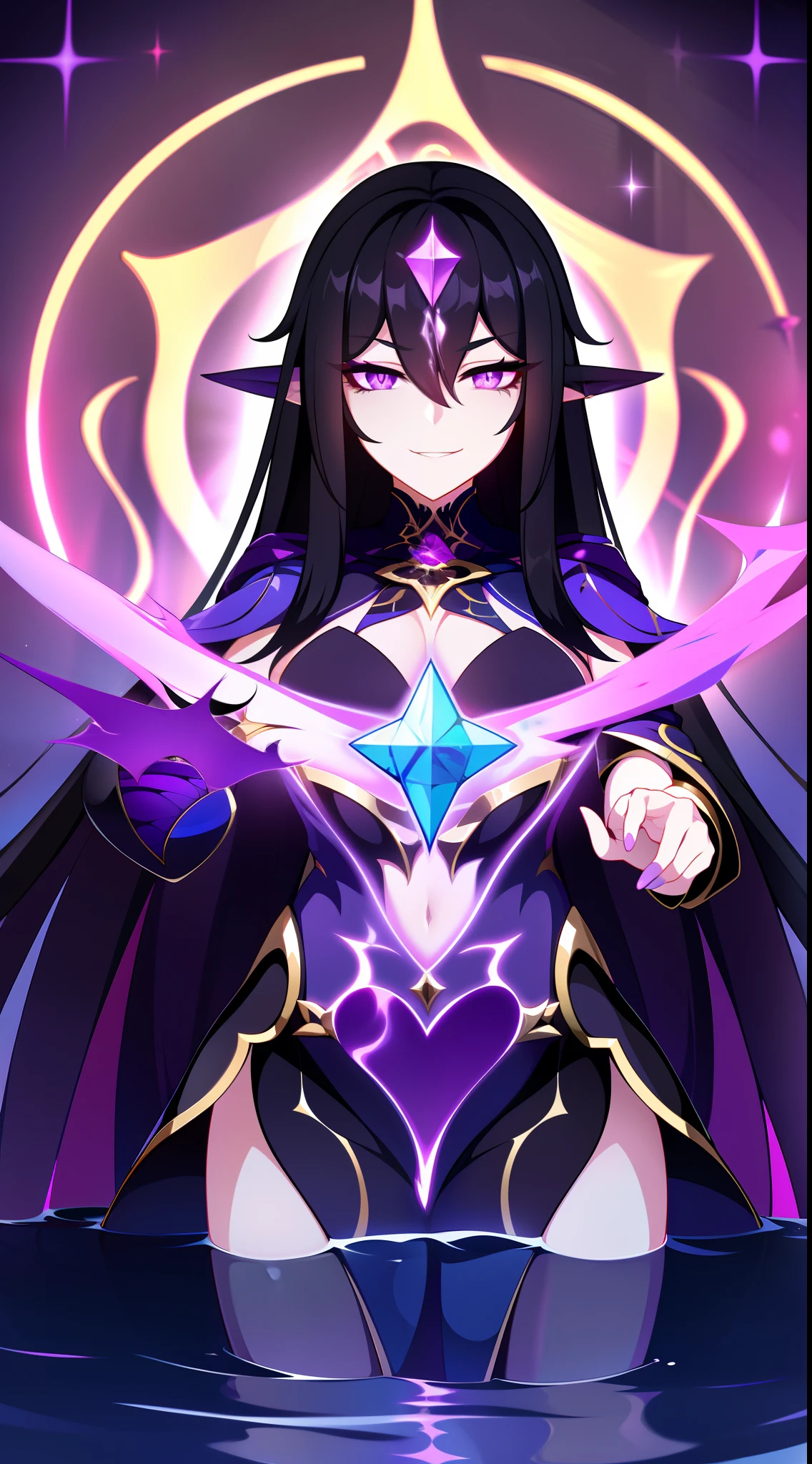 young girl, Long black hair, violet eyes, elf ears, smirk, Purple Sorcerer Form, Gold Elements, water magic, Masterpiece, hiquality, 4k, HD, Good detail