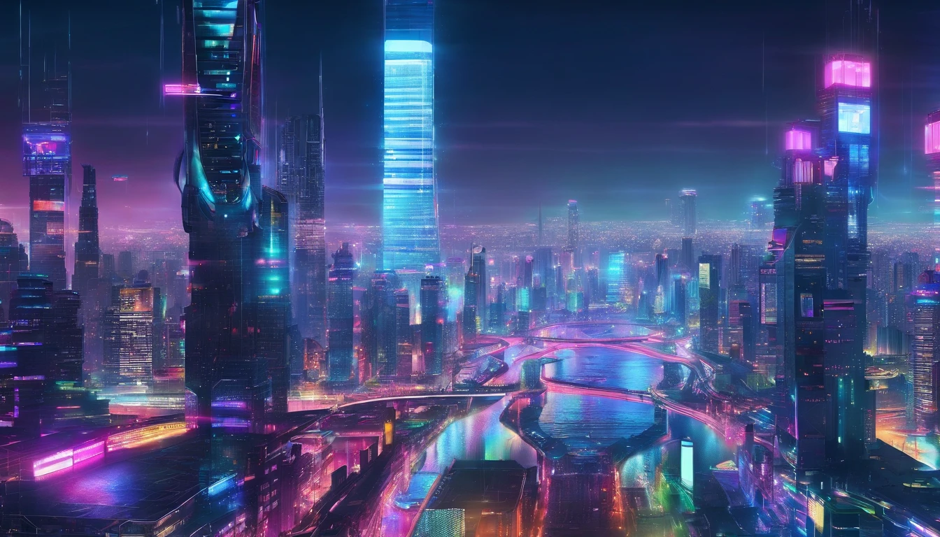 (best quality,4k,8k,highres,masterpiece:1.2),ultra-detailed,(realistic,photorealistic,photo-realistic:1.37),bright blue clean silver and blue city,shiny metallic surfaces,reflective glass windows,tall skyscrapers,modern architecture,glass facades,sparkling lights at night,vibrant atmosphere,streets filled with people,bustling traffic,neon signs illuminating the streets,cityscape with a river running through it,beautifully landscaped parks and gardens,modern infrastructure and transportation systems,sleek and futuristic design,high-tech gadgets and devices,cosmopolitan and multicultural atmosphere,colorful city lights at dusk,dynamic and energetic city life,urban skyline against a clear blue sky,impressive skyline,ivory towers,glowing city lights,gleaming metallic structures,electric atmosphere,fast-paced city rhythm,celestial color palette,overhead bridges connecting buildings,artificial intelligence integration,crystal-clear reflections on the water,majestic bridges spanning the river,blue color scheme with pops of silver,progressive and forward-thinking mindset,innovative city full of possibilities,serene river flowing through the heart of the city,people enjoying outdoor activities and socializing,diverse and vibrant city culture,perfect harmony of nature and urban development,impressive architectural landmarks.