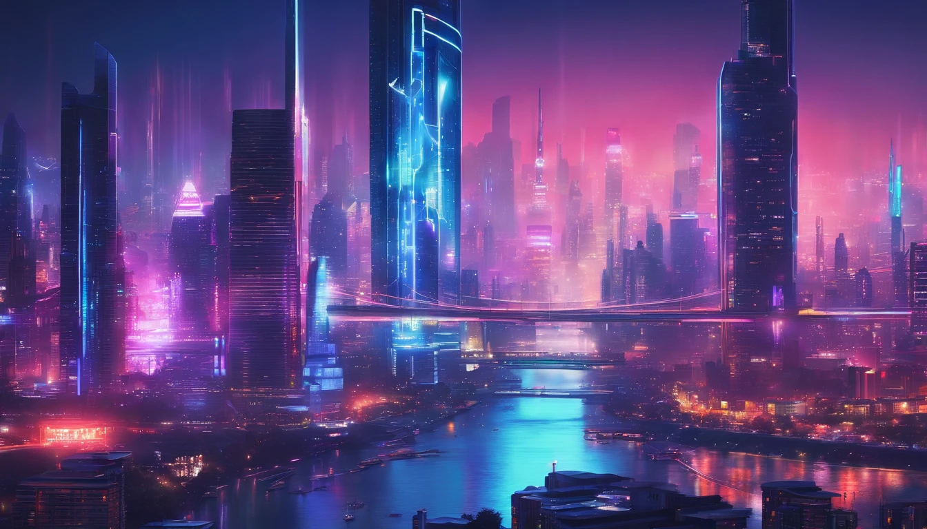 (best quality,4k,8k,highres,masterpiece:1.2),ultra-detailed,(realistic,photorealistic,photo-realistic:1.37),bright blue clean silver and blue city,shiny metallic surfaces,reflective glass windows,tall skyscrapers,modern architecture,glass facades,sparkling lights at night,vibrant atmosphere,streets filled with people,bustling traffic,neon signs illuminating the streets,cityscape with a river running through it,beautifully landscaped parks and gardens,modern infrastructure and transportation systems,sleek and futuristic design,high-tech gadgets and devices,cosmopolitan and multicultural atmosphere,colorful city lights at dusk,dynamic and energetic city life,urban skyline against a clear blue sky,impressive skyline,ivory towers,glowing city lights,gleaming metallic structures,electric atmosphere,fast-paced city rhythm,celestial color palette,overhead bridges connecting buildings,artificial intelligence integration,crystal-clear reflections on the water,majestic bridges spanning the river,blue color scheme with pops of silver,progressive and forward-thinking mindset,innovative city full of possibilities,serene river flowing through the heart of the city,people enjoying outdoor activities and socializing,diverse and vibrant city culture,perfect harmony of nature and urban development,impressive architectural landmarks.