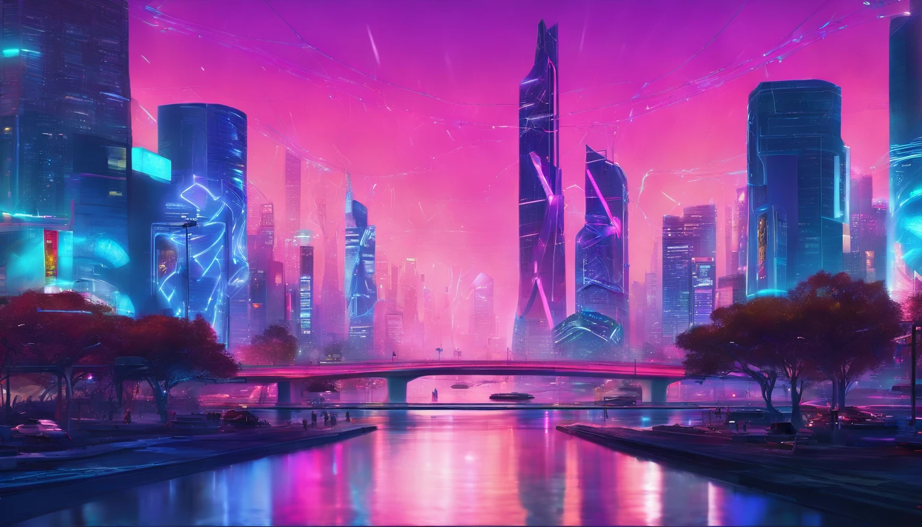 (best quality,4k,8k,highres,masterpiece:1.2),ultra-detailed,(realistic,photorealistic,photo-realistic:1.37),bright blue clean silver and blue city,shiny metallic surfaces,reflective glass windows,tall skyscrapers,modern architecture,glass facades,sparkling lights at night,vibrant atmosphere,streets filled with people,bustling traffic,neon signs illuminating the streets,cityscape with a river running through it,beautifully landscaped parks and gardens,modern infrastructure and transportation systems,sleek and futuristic design,high-tech gadgets and devices,cosmopolitan and multicultural atmosphere,colorful city lights at dusk,dynamic and energetic city life,urban skyline against a clear blue sky,impressive skyline,ivory towers,glowing city lights,gleaming metallic structures,electric atmosphere,fast-paced city rhythm,celestial color palette,overhead bridges connecting buildings,artificial intelligence integration,crystal-clear reflections on the water,majestic bridges spanning the river,blue color scheme with pops of silver,progressive and forward-thinking mindset,innovative city full of possibilities,serene river flowing through the heart of the city,people enjoying outdoor activities and socializing,diverse and vibrant city culture,perfect harmony of nature and urban development,impressive architectural landmarks.
