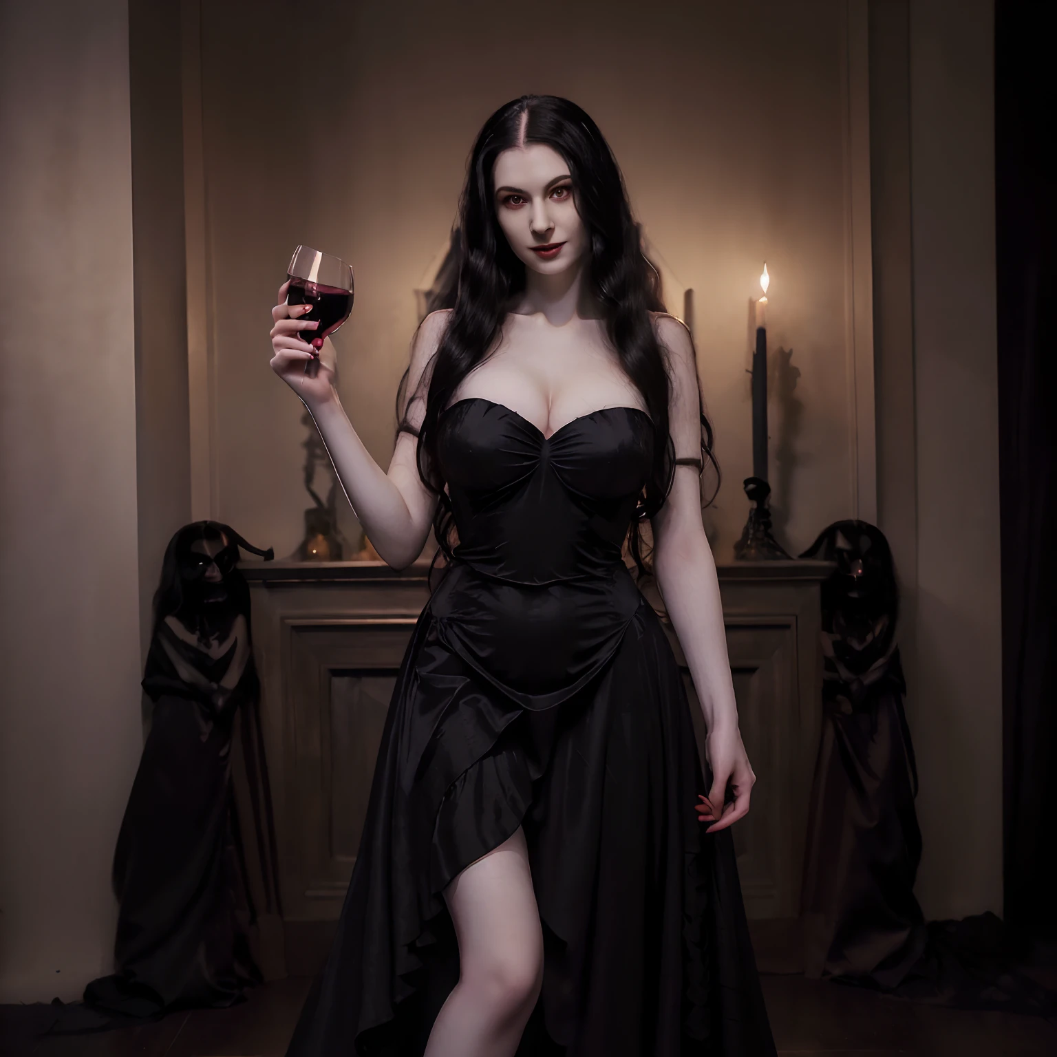 (((Masterpiece, high quality, absurd dress), 1Woman, long black hair, wavy hair, glowing red eyes, a perfect face, the perfect body, smiling sinisterly,  hourglass frame, sports body, very tall stature, (((very pale skin))) vampire, long black dress, in a dark spooky manor, holding wine glass