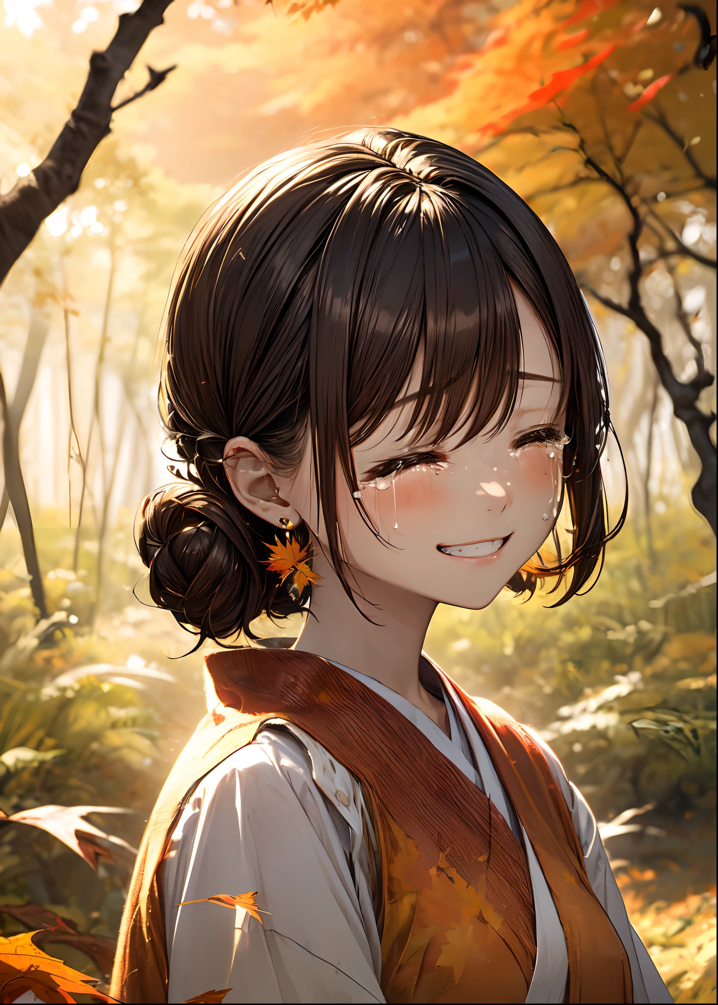 absurderes, ultra-detailliert,bright colour, (1girl in:1.4),(A very beautiful forest with autumn leaves:1.5),extremely beautiful detailed anime face and eyes, (Fox personification:1.3),Blushing、Yellow skin、(Brown Smooth Straight Hair:1.3)、Bright kimono based on yellow、Lots of autumn leaves、(Autumn Dusk 1.3)、Orange view、Shiny hair,depth of fields, Delicate beautiful face,White skin, hair clips, earrings,(Close your eyes、Crying sad smile:1.4),(double tooth:1.1)