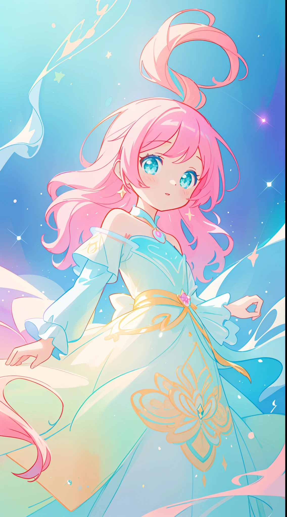 beautiful girl in sparkling white puffy dress, vibrant pastel colors, (colorful), magical lights, long flowing colorful pink hair, otherworldly aqua and blue landscape background, inspired by Glen Keane, inspired by Lois van Baarle, disney art style, by Lois van Baarle, glowing aura around her, by Glen Keane, jen bartel, glowing lights! digital painting, flowing glowing hair, glowing flowing hair, beautiful digital illustration, fantasia background, whimsical, magical, fantasy, beautiful face, ((masterpiece, best quality)), intricate details, highly detailed, sharp focus, 8k resolution, sparkling detailed eyes, liquid watercolor
