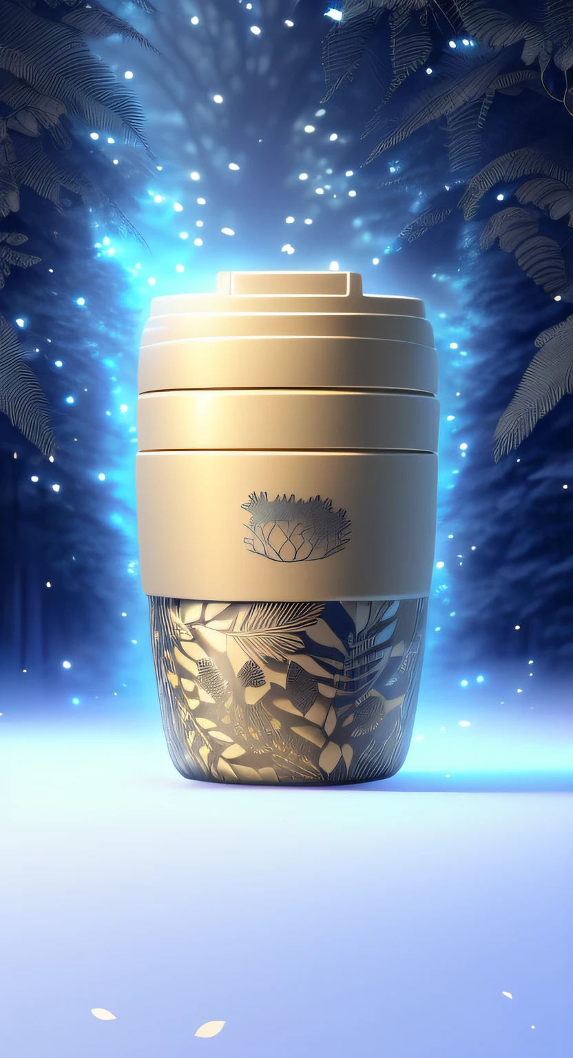 tmasterpiece,Best quality at best,Extremely beautiful reflection,The best reflections,(Very detailed CG unity 8k wallpaper)(Best quality at best)(The best illustrations),(The best shadow),There is a cup with a lid,There is a bear on it, coffee mug, Beige,Forest theme with natural elements,Tall trees,quiet streams,Glowing small mushrooms,surrounded by exquisite leaves and branches,There are also fireflies and glowing particle effects,(nature elements),(Jungle theme),(foliage),butterflys,(exquisite leaves),(with light glowing),(particle effect),Isometric 3D,Octane rendering,Ray traching,ultra-detailliert