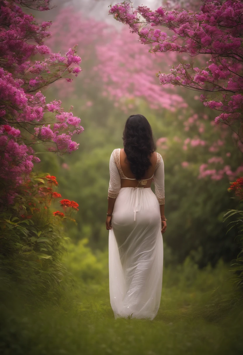 back side photo without face. very Long focus. Far away kerala big boobed , big butt curvy kerala woman in  traditional  naked standing in heavy rain and fog in  flower forest  with umbrella in hand , butterflies are flying around her-big ass. Long view sexy view. giving back pose without face. semi . 8K quality - realistic - add butterflies and flowers