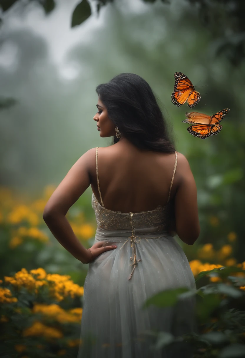 back side photo without face. very Long focus. Far away kerala big boobed , big butt curvy kerala woman in traditional naked standing in heavy rain and fog in flower forest with umbrella in hand , butterflies are flying around her-big ass. Long view sexy view. giving back pose without face. semi . 8K quality - realistic - add butterflies and flowers