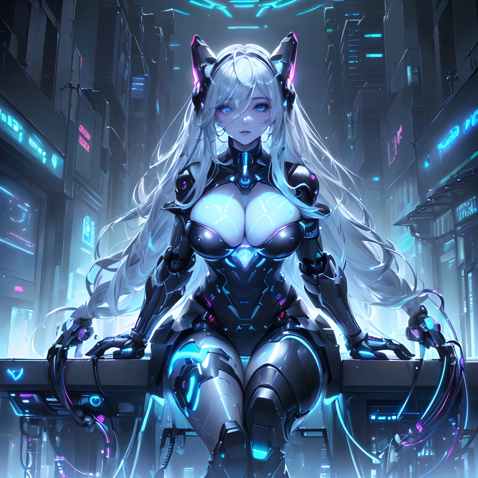 (((Of the highest quality)), (masterpiece), (detail:1.4), (((translucent mechanical robotic parts, black cyborg))), ((((solo)))), (((female focus))), ((woman made out of cyber parts)), ((skin of hips and thighs)), (((futuristic background))), many blue lights, (long white hair), (((Beautiful iridescent long hair))), (((blue Aurora Inner Hair))), Costume typography and numbering, ((grey and black eyes)), (((full lips))), detailed face, gorgeous eyes, iridescent body, standing, ((facing camera)), (((skin of the cleavage)), (glowing eyes), (in a futuristic city), ((skin of the forearms)), ((futuristic headgear)), ((in a city)), ((neon lights)), ((sitting)), ((wires attached to the character))