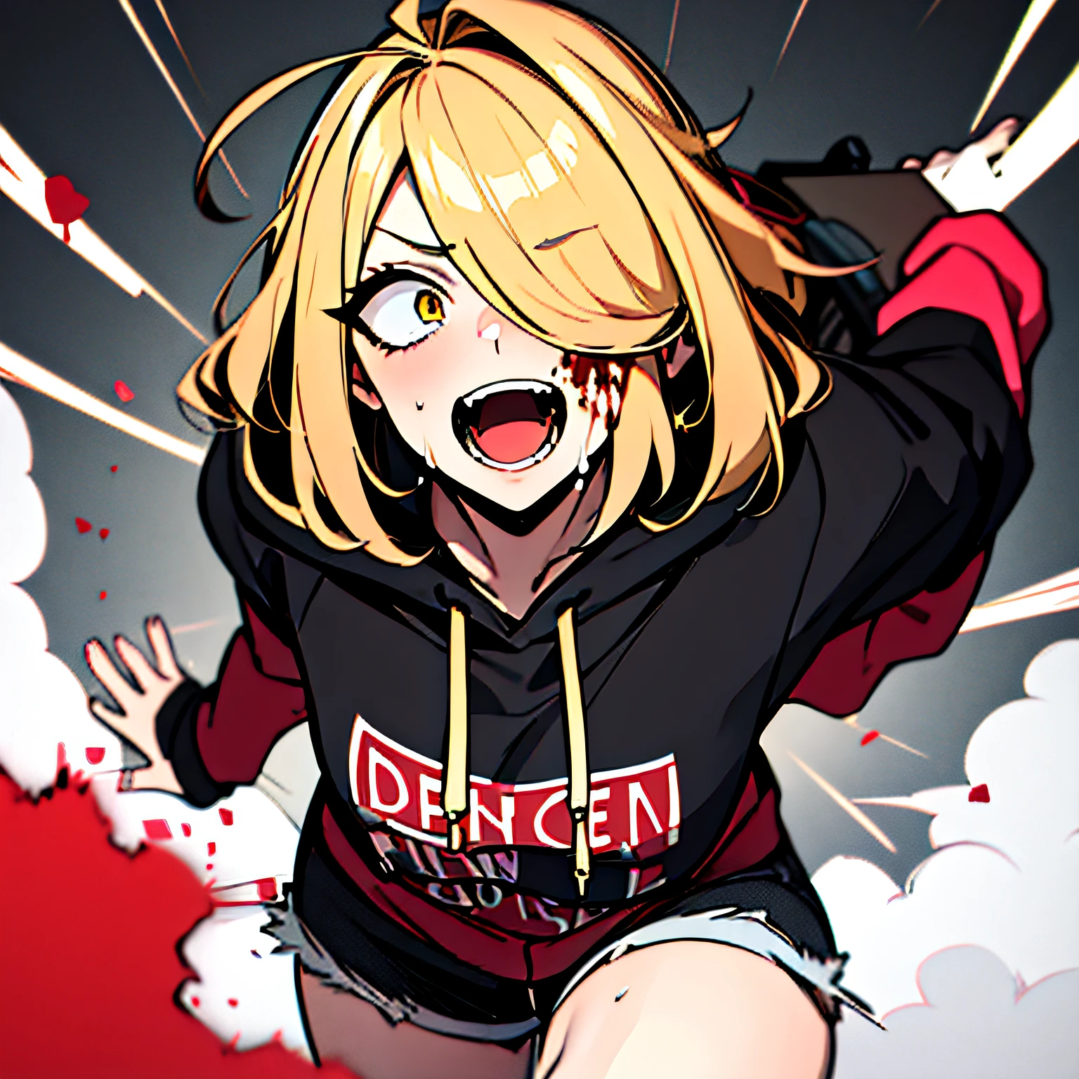 (absurdres, 8k, 4k, masterpiece, hyper extreme detailed:1.2), solo, 1girl, front view, portrait, best quality, expressive eyes, perfect face, 1girl, portrait, solo, standing, Female, toned body, mature female, small breasts, pale, hair covering one eye, long hair, adult, gold eyes, psychotic, laughing, blood, bloody, falling, clouds, crazy eyes, messy hair, swept bangs, perfect anatomy, front view, apocalypse background, hoodie, shorts, blonde hair, insane, crazy, chaotic, gold, wide eyes, losing your mind, all thrill, dare devil, beams of light, scared, pain pills, flying, falling, fear, fearful, restless, left behind, abandoned, near divine,