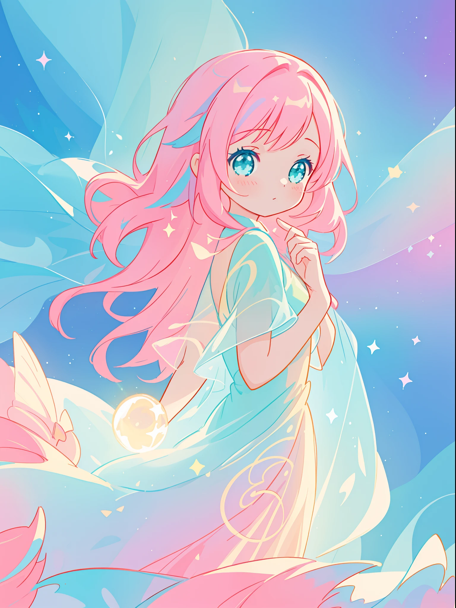 beautiful girl in sparkling white puffy dress, vibrant pastel colors, (colorful), magical lights, long flowing colorful pink hair, otherworldly aqua and blue landscape background, inspired by Glen Keane, inspired by Lois van Baarle, disney art style, by Lois van Baarle, glowing aura around her, by Glen Keane, jen bartel, glowing lights! digital painting, flowing glowing hair, glowing flowing hair, beautiful digital illustration, fantasia background, whimsical, magical, fantasy, beautiful face, ((masterpiece, best quality)), intricate details, highly detailed, sharp focus, 8k resolution, sparkling detailed eyes, liquid watercolor