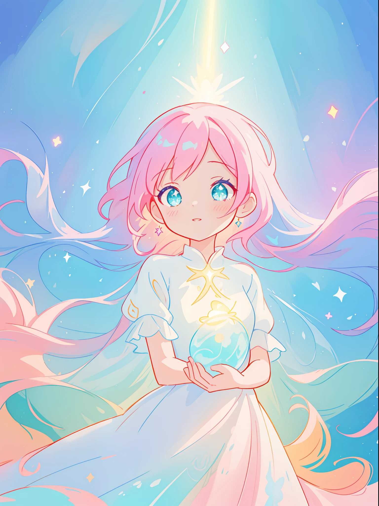 beautiful girl in sparkling white puffy dress, vibrant pastel colors, (colorful), magical lights, long flowing colorful pink hair, otherworldly aqua and blue landscape background, inspired by Glen Keane, inspired by Lois van Baarle, disney art style, by Lois van Baarle, glowing aura around her, by Glen Keane, jen bartel, glowing lights! digital painting, flowing glowing hair, glowing flowing hair, beautiful digital illustration, fantasia background, whimsical, magical, fantasy, beautiful face, ((masterpiece, best quality)), intricate details, highly detailed, sharp focus, 8k resolution, sparkling detailed eyes, liquid watercolor