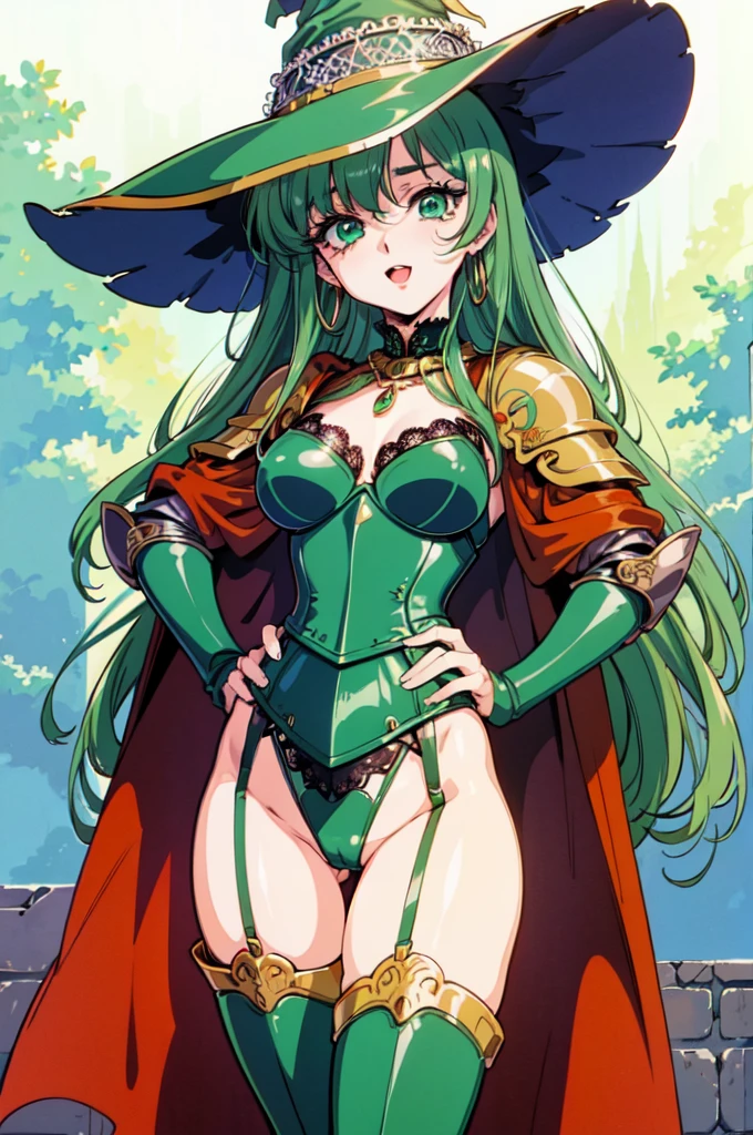 "(masterpiece:1.1), best quality, 
1girl, (80s anime style:1.4), (eyelashes:1.5),
(intricate high detailed body:1.2), 
green hair, 
(bangs:1.1), (long hair:1.1), (witch hat:1.2), 
green eyes, (red lip stick:1.1), 
(medium breasts:1.1), 
light smile, open mouth,
(lace leotard armor, corset:1.2), (garter belt:1.2), 
(knight armor, armored boots:1.2), (frill:1.1), (hoop earrings:1.1), crystal necklace, 
standing, hand on hip, 
(upper body:1.1), 
(grassland, outdoors:1.2)"