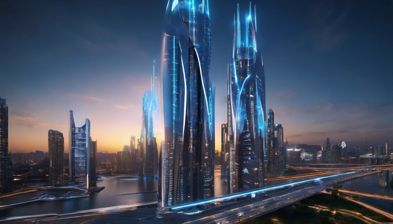(best quality,4k,8k,highres,masterpiece:1.2),ultra-detailed,(realistic,photorealistic,photo-realistic:1.37),bright blue clean silver and blue city,shiny metallic surfaces,reflective glass windows,tall skyscrapers,modern architecture,glass facades,sparkling lights at night,vibrant atmosphere,streets filled with people,bustling traffic,neon signs illuminating the streets,cityscape with a river running through it,beautifully landscaped parks and gardens,modern infrastructure and transportation systems,sleek and futuristic design,high-tech gadgets and devices,cosmopolitan and multicultural atmosphere,colorful city lights at dusk,dynamic and energetic city life,urban skyline against a clear blue sky,impressive skyline,ivory towers,glowing city lights,gleaming metallic structures,electric atmosphere,fast-paced city rhythm,celestial color palette,overhead bridges connecting buildings,artificial intelligence integration,crystal-clear reflections on the water,majestic bridges spanning the river,blue color scheme with pops of silver,progressive and forward-thinking mindset,innovative city full of possibilities,serene river flowing through the heart of the city,people enjoying outdoor activities and socializing,diverse and vibrant city culture,perfect harmony of nature and urban development,impressive architectural landmarks.