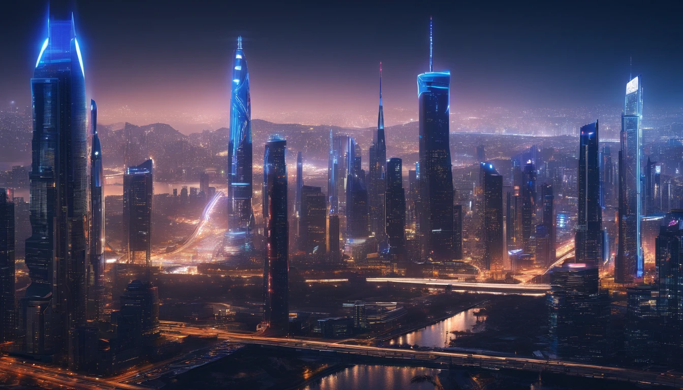 (best quality,4k,8k,highres,masterpiece:1.2),ultra-detailed,(realistic,photorealistic,photo-realistic:1.37),bright blue clean silver and blue city,shiny metallic surfaces,reflective glass windows,tall skyscrapers,modern architecture,glass facades,sparkling lights at night,vibrant atmosphere,streets filled with people,bustling traffic,neon signs illuminating the streets,cityscape with a river running through it,beautifully landscaped parks and gardens,modern infrastructure and transportation systems,sleek and futuristic design,high-tech gadgets and devices,cosmopolitan and multicultural atmosphere,colorful city lights at dusk,dynamic and energetic city life,urban skyline against a clear blue sky,impressive skyline,ivory towers,glowing city lights,gleaming metallic structures,electric atmosphere,fast-paced city rhythm,celestial color palette,overhead bridges connecting buildings,artificial intelligence integration,crystal-clear reflections on the water,majestic bridges spanning the river,blue color scheme with pops of silver,progressive and forward-thinking mindset,innovative city full of possibilities,serene river flowing through the heart of the city,people enjoying outdoor activities and socializing,diverse and vibrant city culture,perfect harmony of nature and urban development,impressive architectural landmarks.