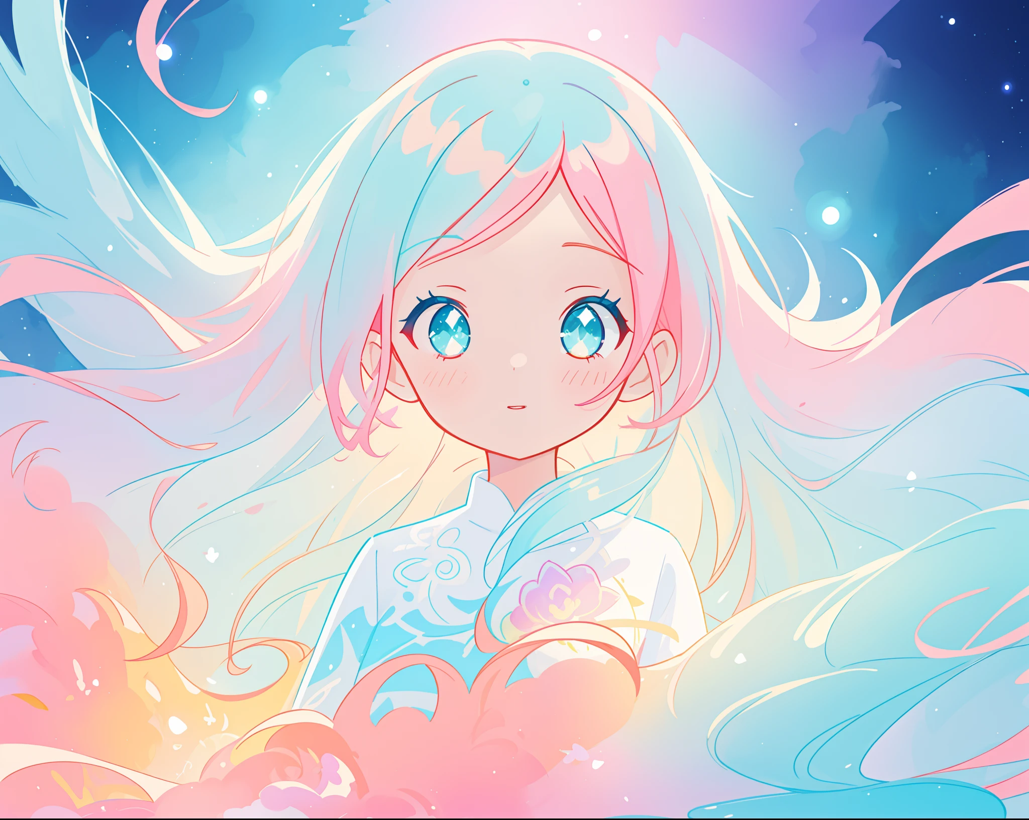 beautiful girl in flowing white dress, vibrant pastel colors, (colorful), magical lights, long flowing colorful pink hair, otherworldly aqua and blue landscape background, inspired by Glen Keane, inspired by Lois van Baarle, disney art style, by Lois van Baarle, glowing aura around her, by Glen Keane, jen bartel, glowing lights! digital painting, flowing glowing hair, glowing flowing hair, beautiful digital illustration, fantasia background, whimsical, magical, fantasy, beautiful face, ((masterpiece, best quality)), intricate details, highly detailed, sharp focus, 8k resolution, sparkling detailed eyes, liquid watercolor