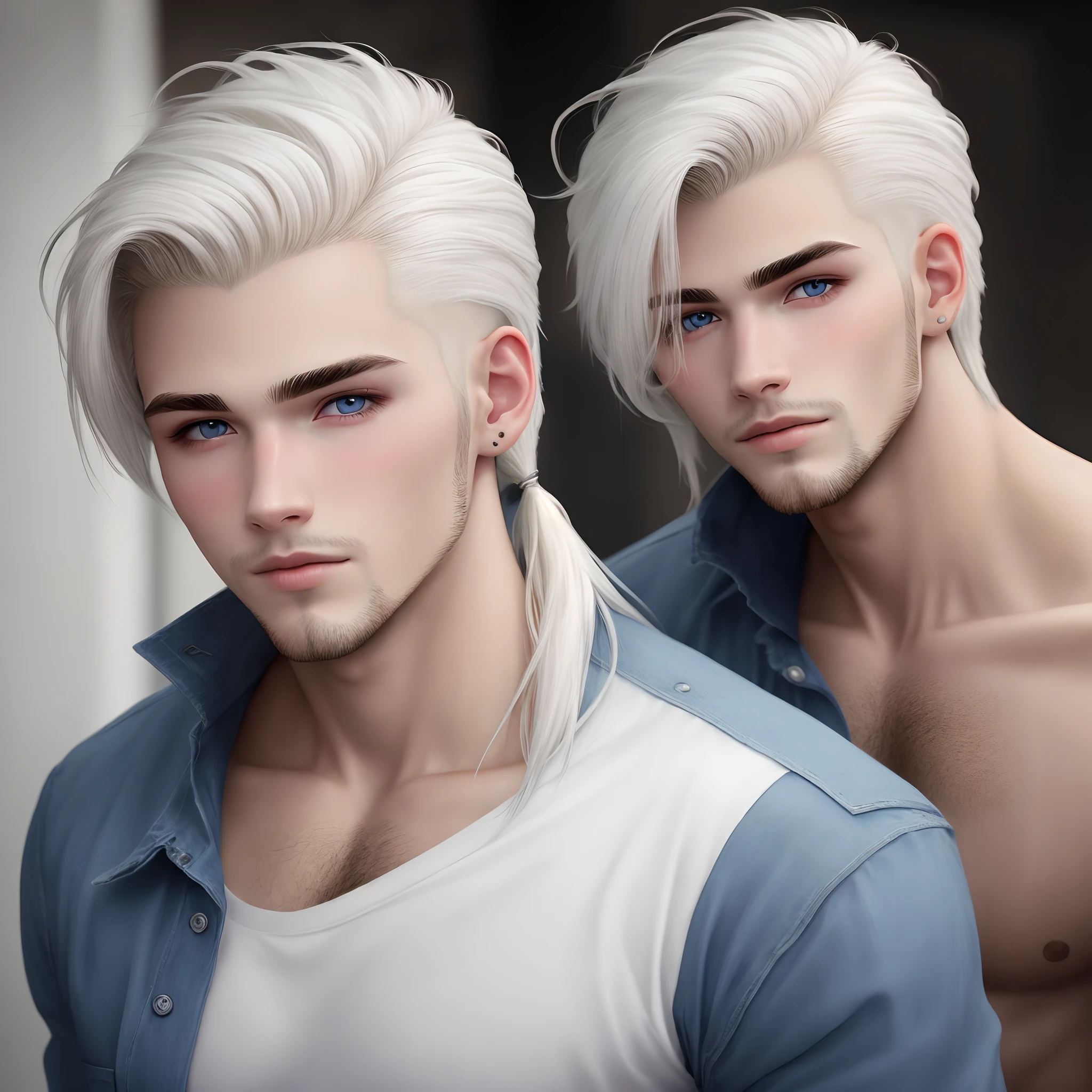 Hombre de cabello blanco con ojos azules humanoide y con mullet