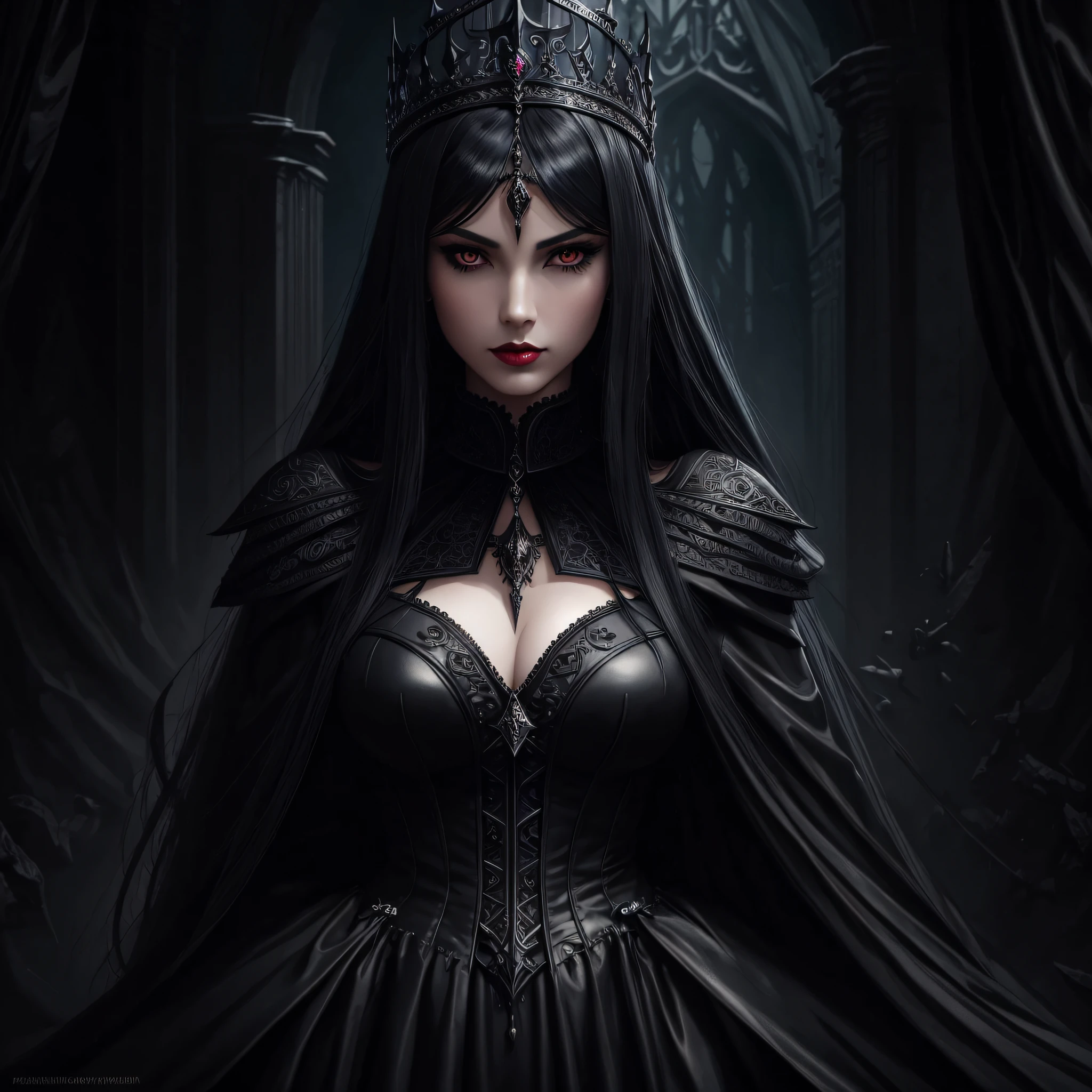 Noir painting of a beautiful Gothic queen in a tight black leather dress, fair skin, long black hair, shiny hair, dark red lips, dark fantasy style art, gothic fantasy art, dark fantasy art, dark fantasy portrait, in style of Greg rutkowski, dark fantasy mixed with realism, beautiful queen, gothic maiden of the dark, fantasy dark art, dark fantasy style, dark fantasy digital art, beautiful elegant queen, Artgerm, hyperdetailed intricately detailed gothic art trending on artstation triadic colors, 8K Resolution
